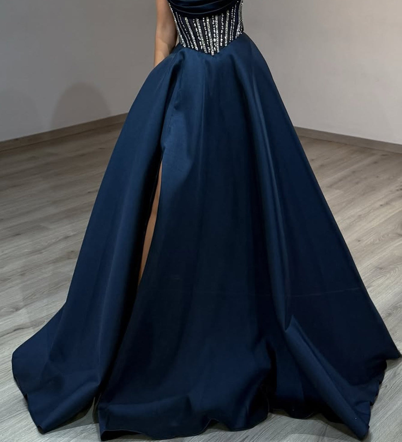 Hot Fix Crystal Lace Up Ruched Bodice Long Ball Gown Prom Dress With Pocket - Dusty Blue