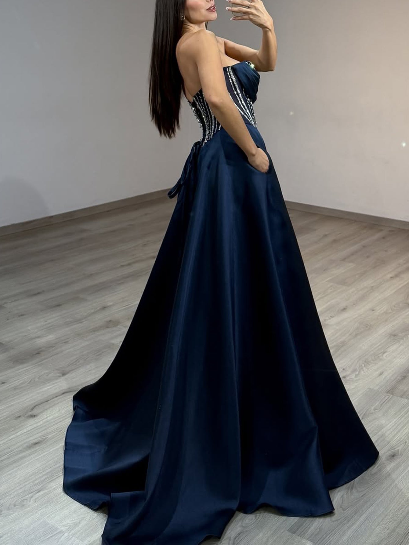 Hot Fix Crystal Lace Up Ruched Bodice Long Ball Gown Prom Dress With Pocket - Dusty Blue