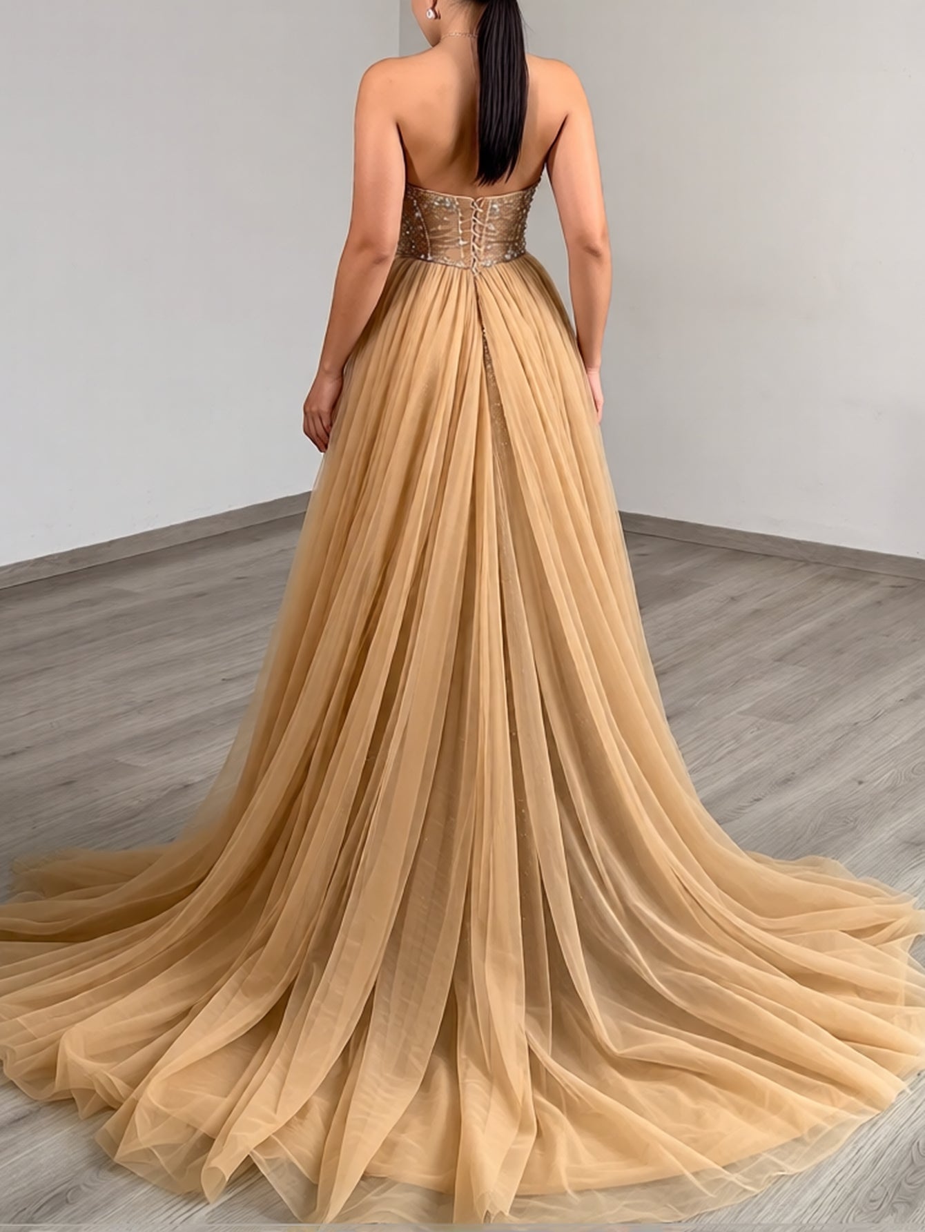 Sparkly Beading Cut Front Pleated Bodice Long Mermaid Prom Dress With Detachable Drop Train - Champagne