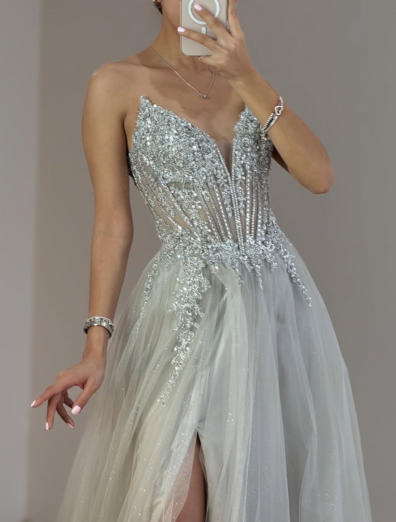 Sparkly Beading Illusion Cut Front Bodice A-Line Long Prom Dress - Silver