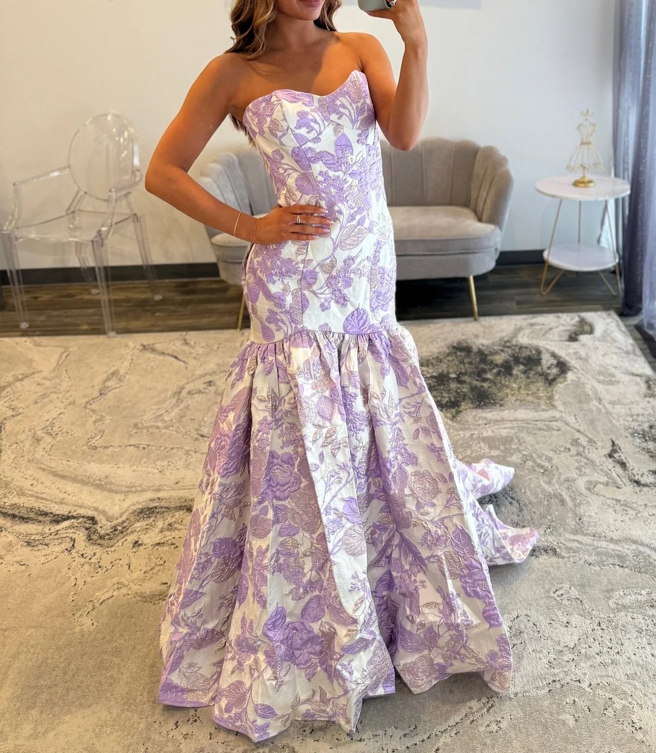 Embroidery Strapless Pleated Long Mermaid Bodice Prom Dress - Lilac Floral