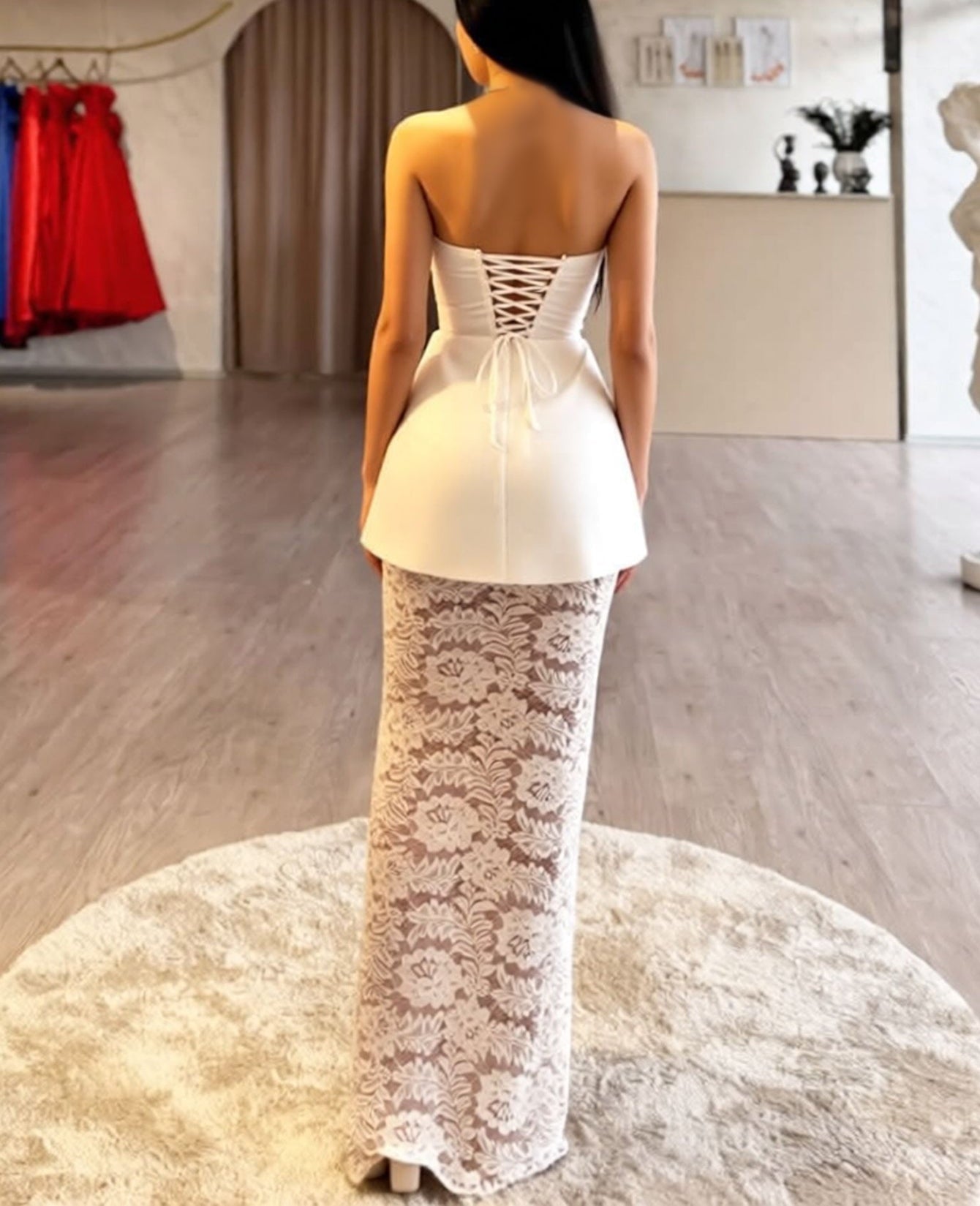Sparkly Beading Two Pieces Lace Up Illusion Mermaid Bodice Prom Dress - White