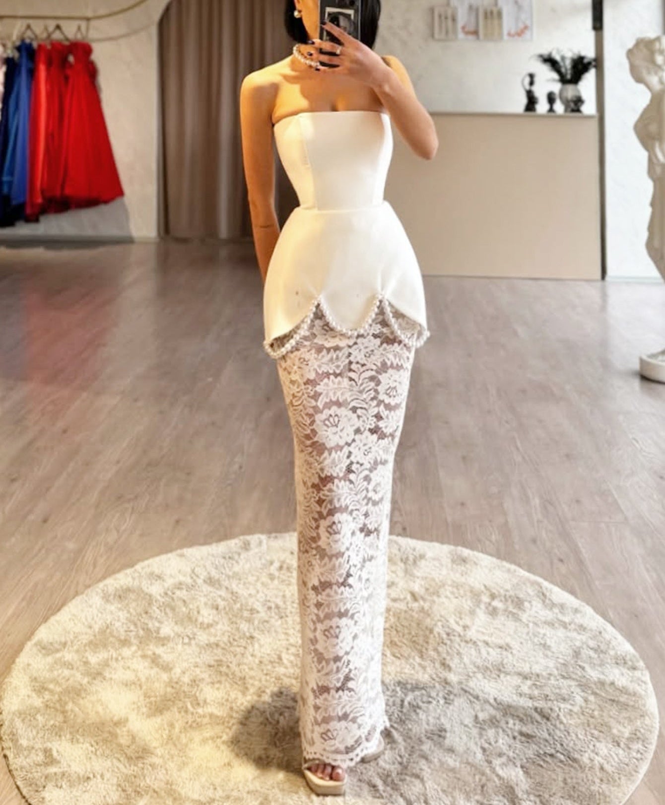 Sparkly Beading Two Pieces Lace Up Illusion Mermaid Bodice Prom Dress - White