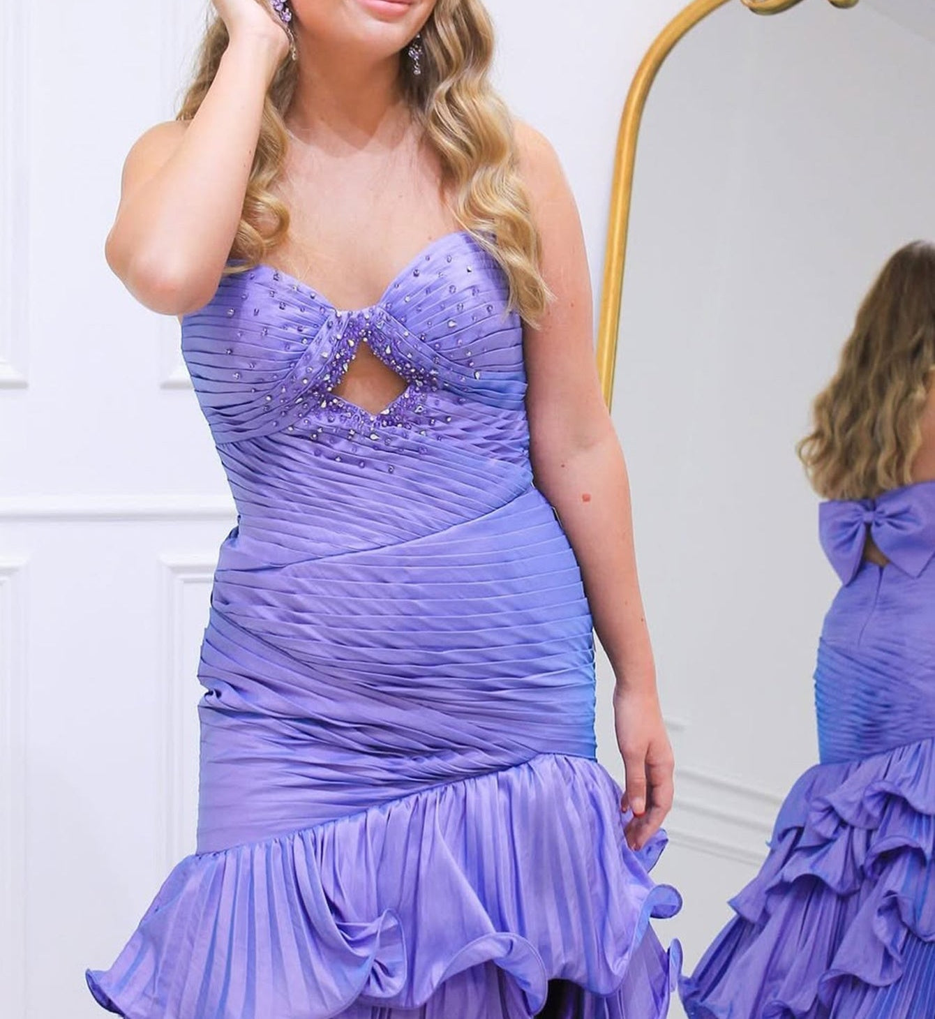 Cut Front Sparkly Beading Bow Back Ruched Bodice Mermaid Long Prom Dress With Slit - Lilac