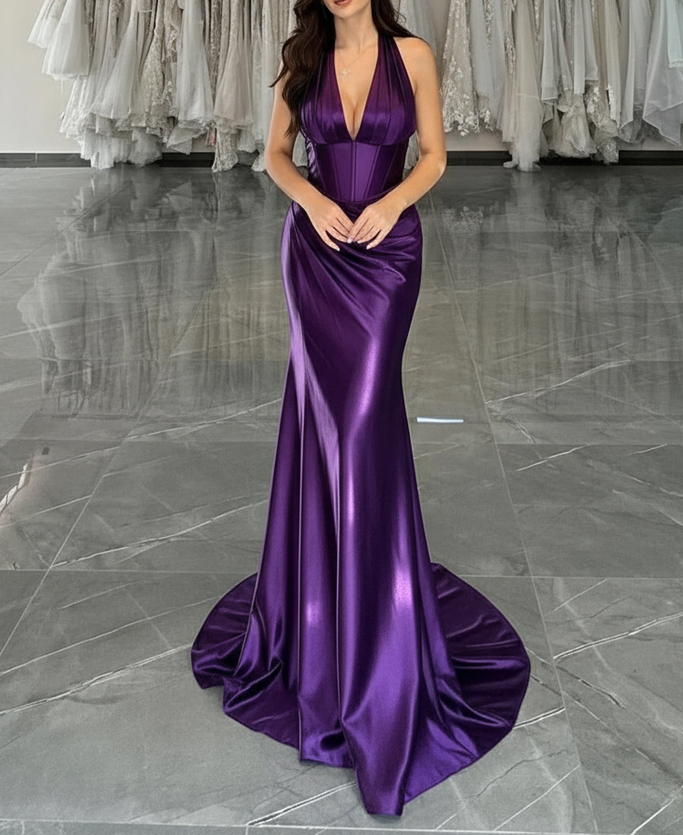 Halter Ruched Lace Up Bodice Mermaid Long Prom Dress - Purple