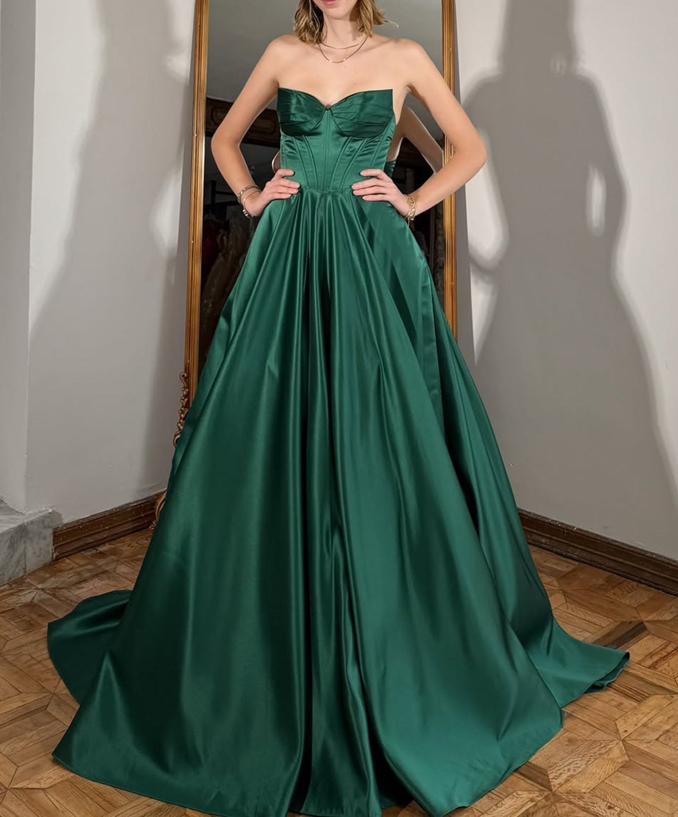 Strapless Ruched Lace Up Ball Gown Bodice Long Prom Dress - Green