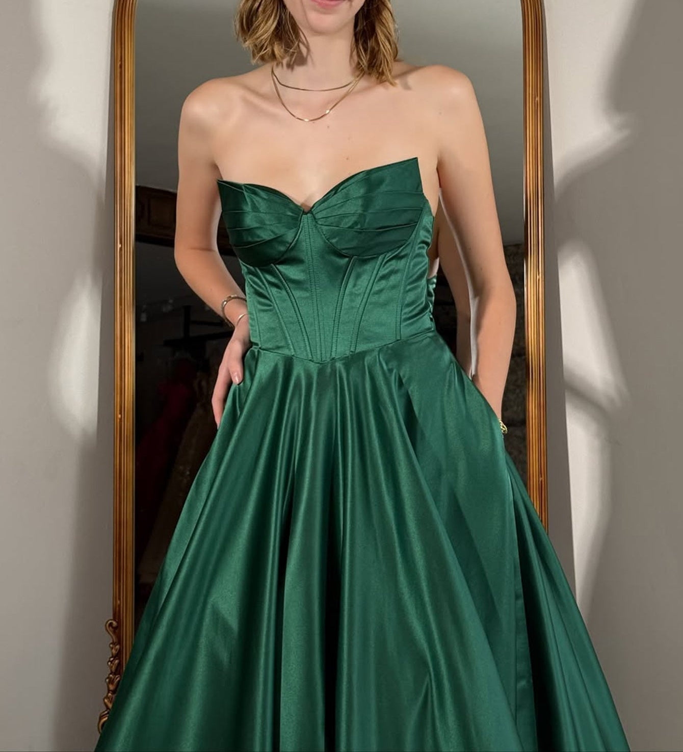 Strapless Ruched Lace Up Ball Gown Bodice Long Prom Dress - Green