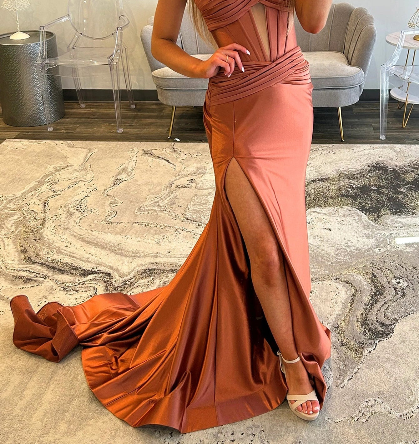 Cut Front Pleated Mermaid Prom Dress With Split - Rose Gold