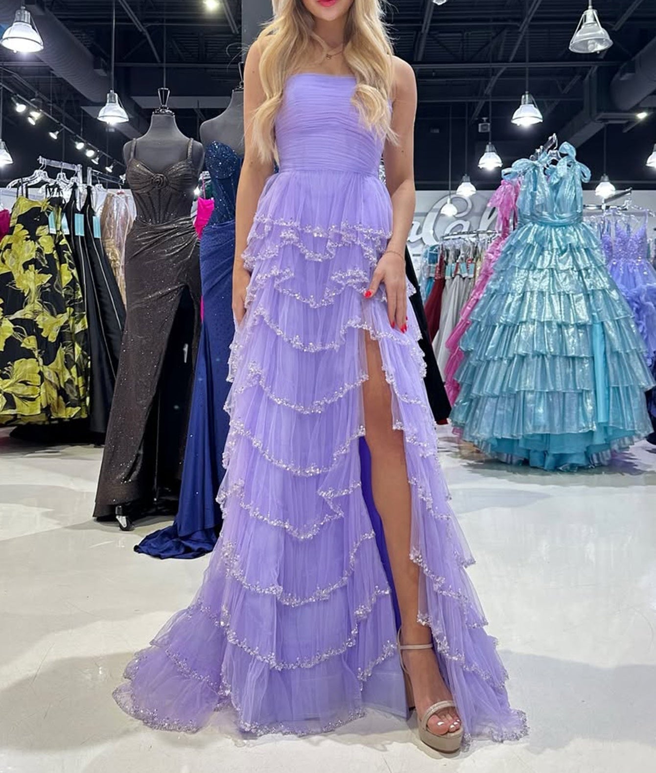 Strapless Pleated A-Line Bodice Long Prom Dress With Slit - Lilac