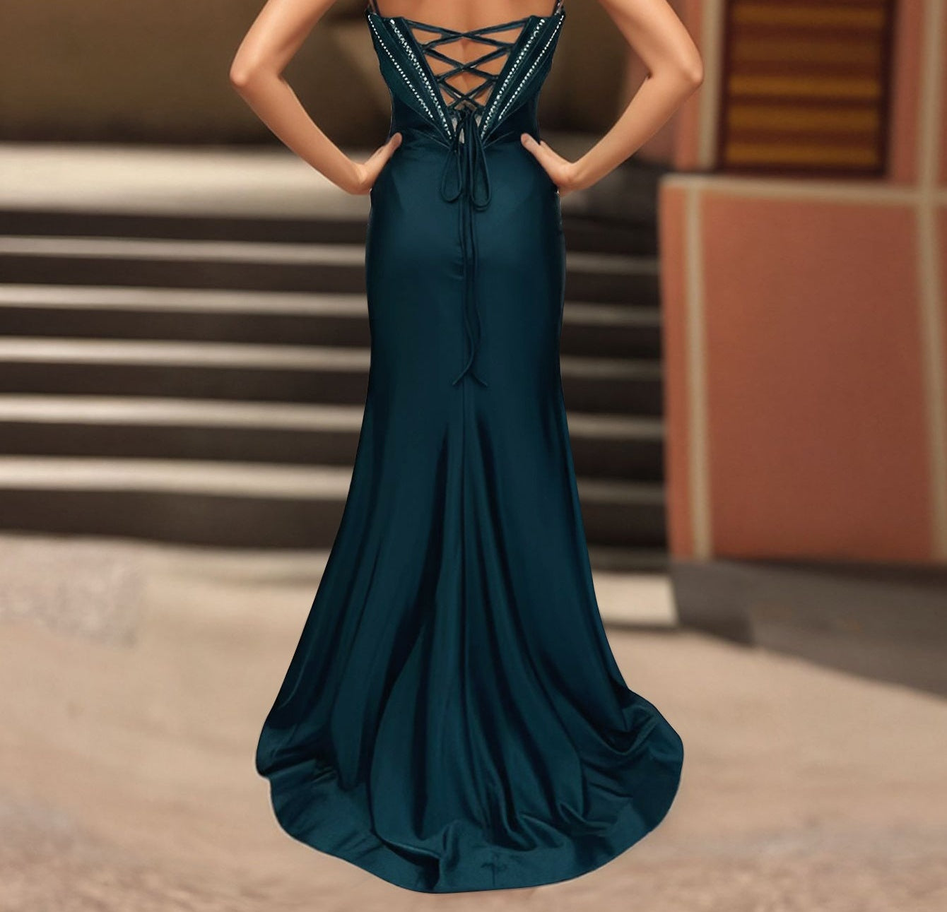 Luxury Crystal Illusion Mermaid Long Prom Dress - Peacock Blue