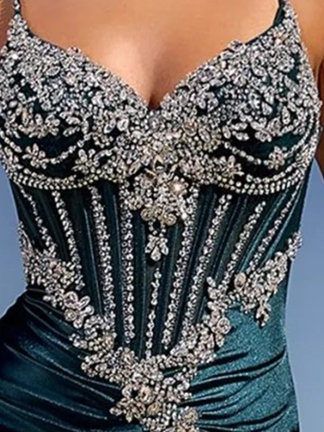 Luxury Crystal Illusion Mermaid Long Prom Dress - Peacock Blue
