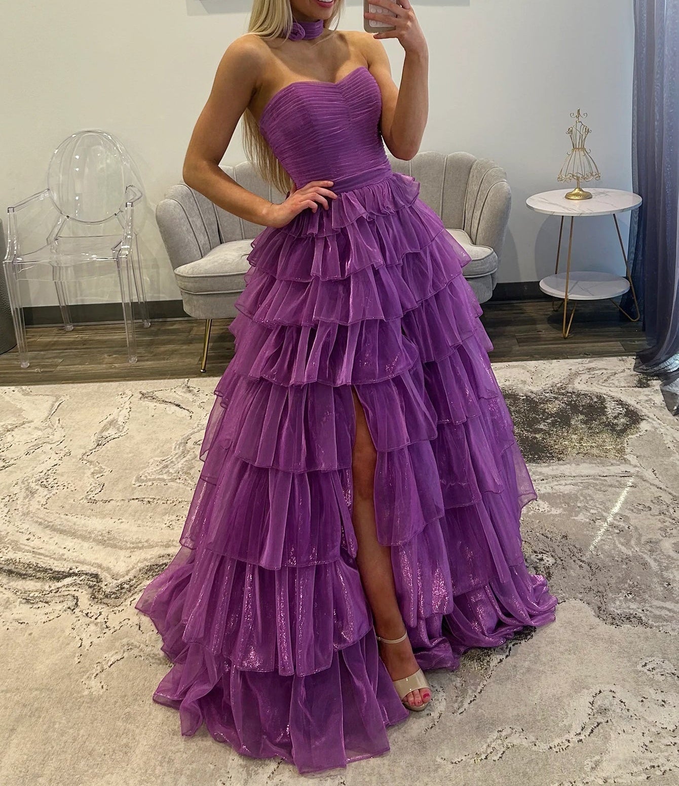 Pleated Strapless Layered Ball Gown Prom Dress With Choker Necklace - Purple