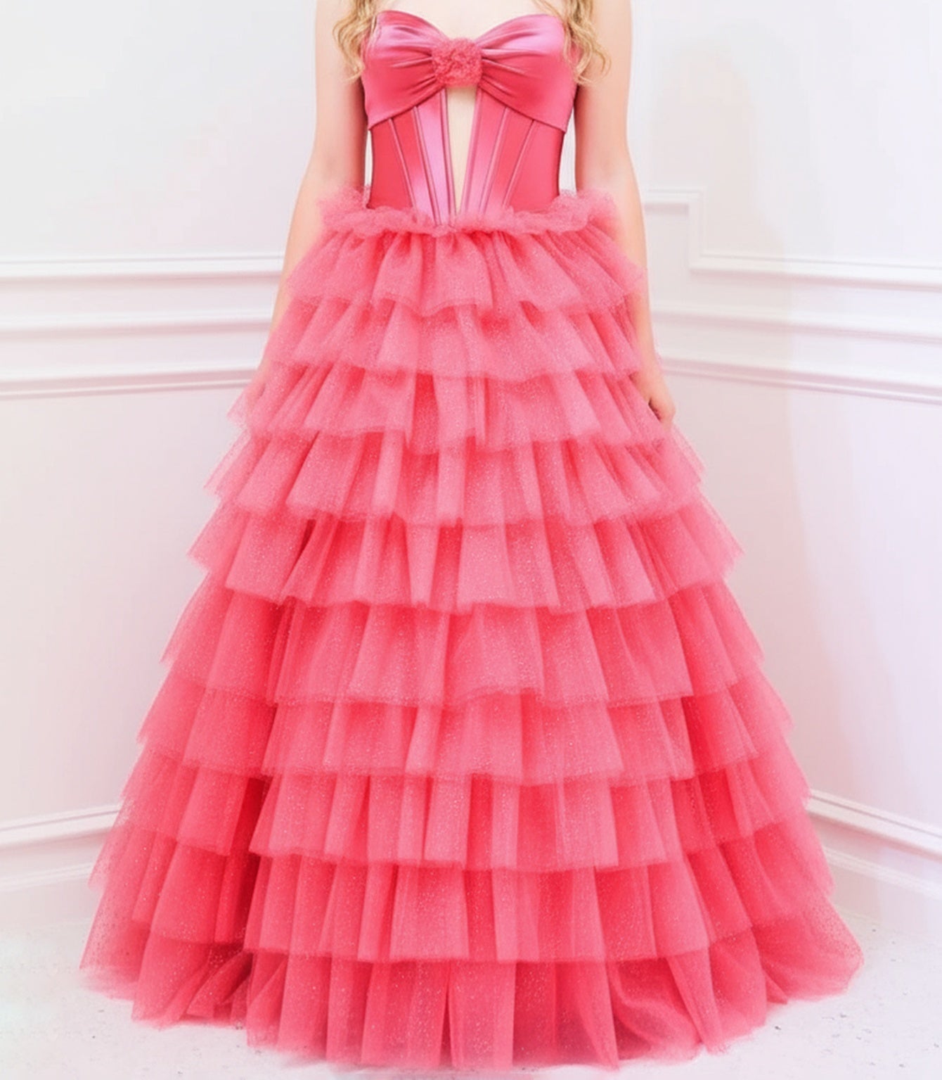 Strapless 3D Flower Lace Up Pleated Bodice Ball Gown Prom Dress - Pink