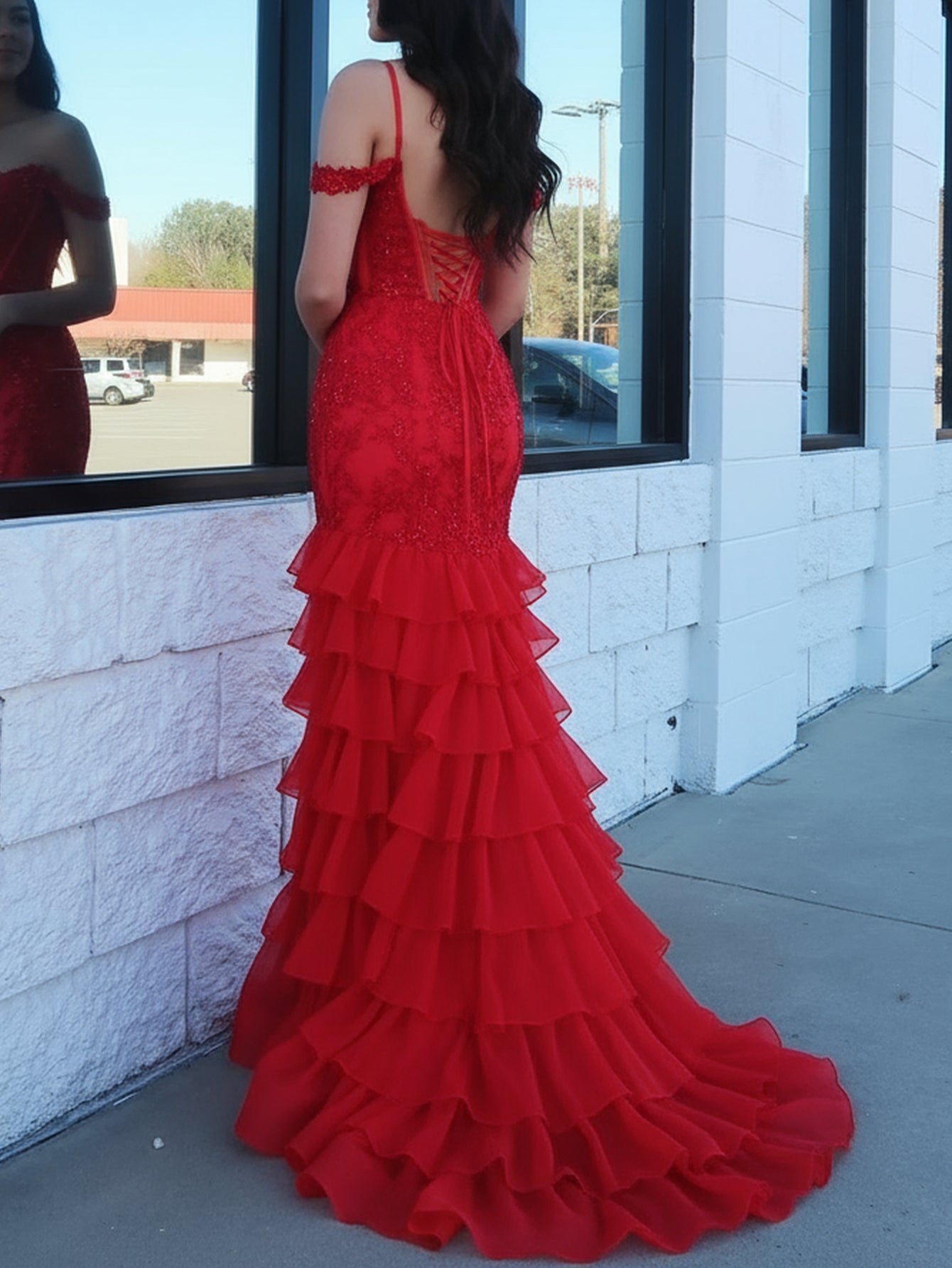 Off Shoulder Beading Embroidery Bodice Mermaid Prom Dress - Red