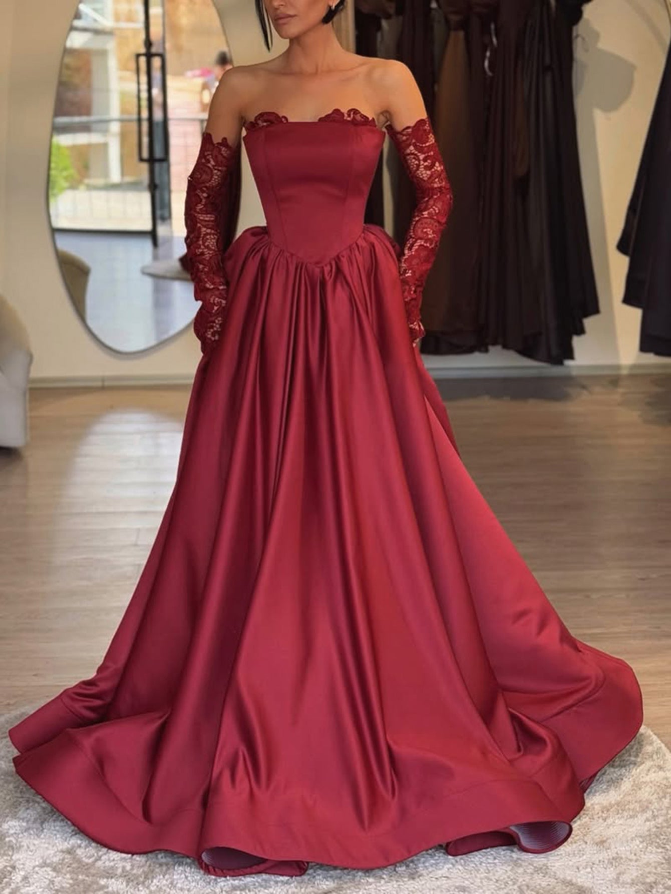 Strapless Lace Up Bodice Ball Gown Prom Dress With Detachable Sleeves - Red