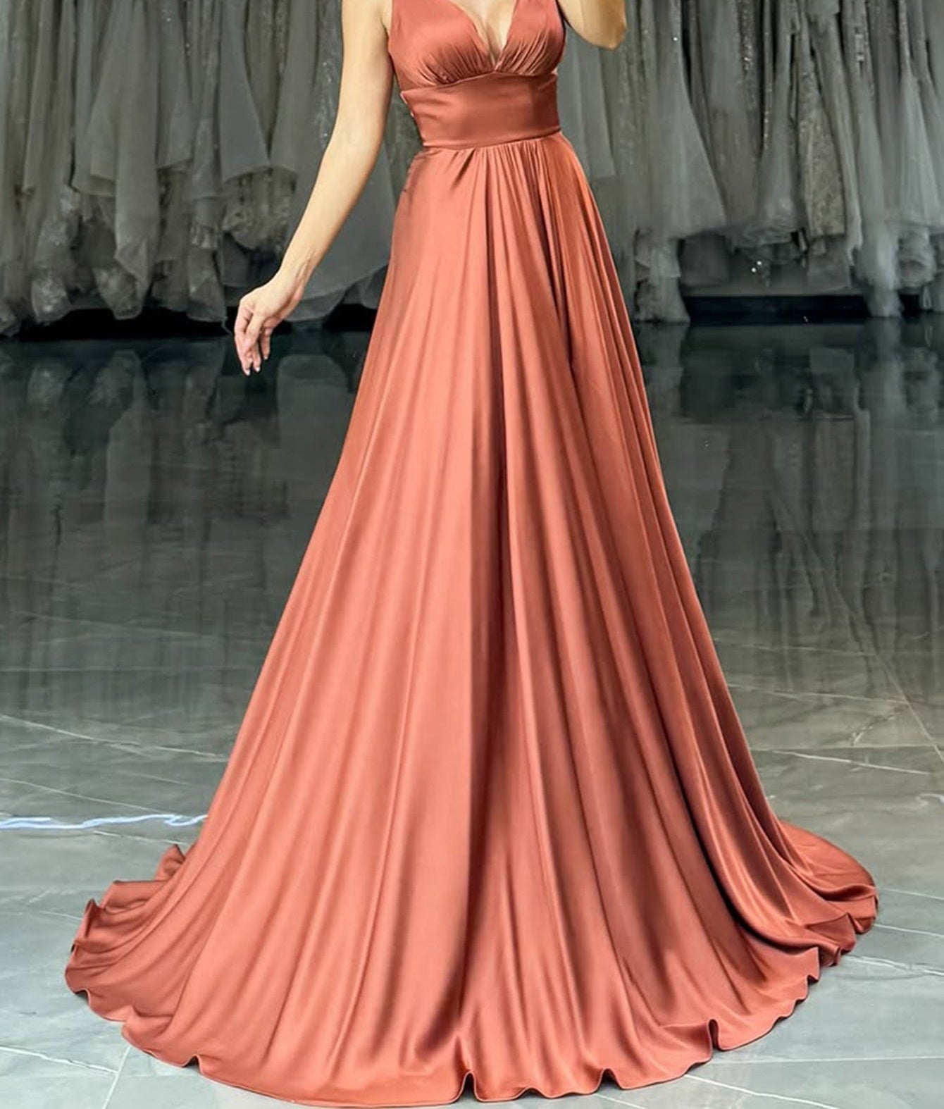 Tank V-Neck Pleated Bodice Ball Gown Prom Dress With Slit - Orange