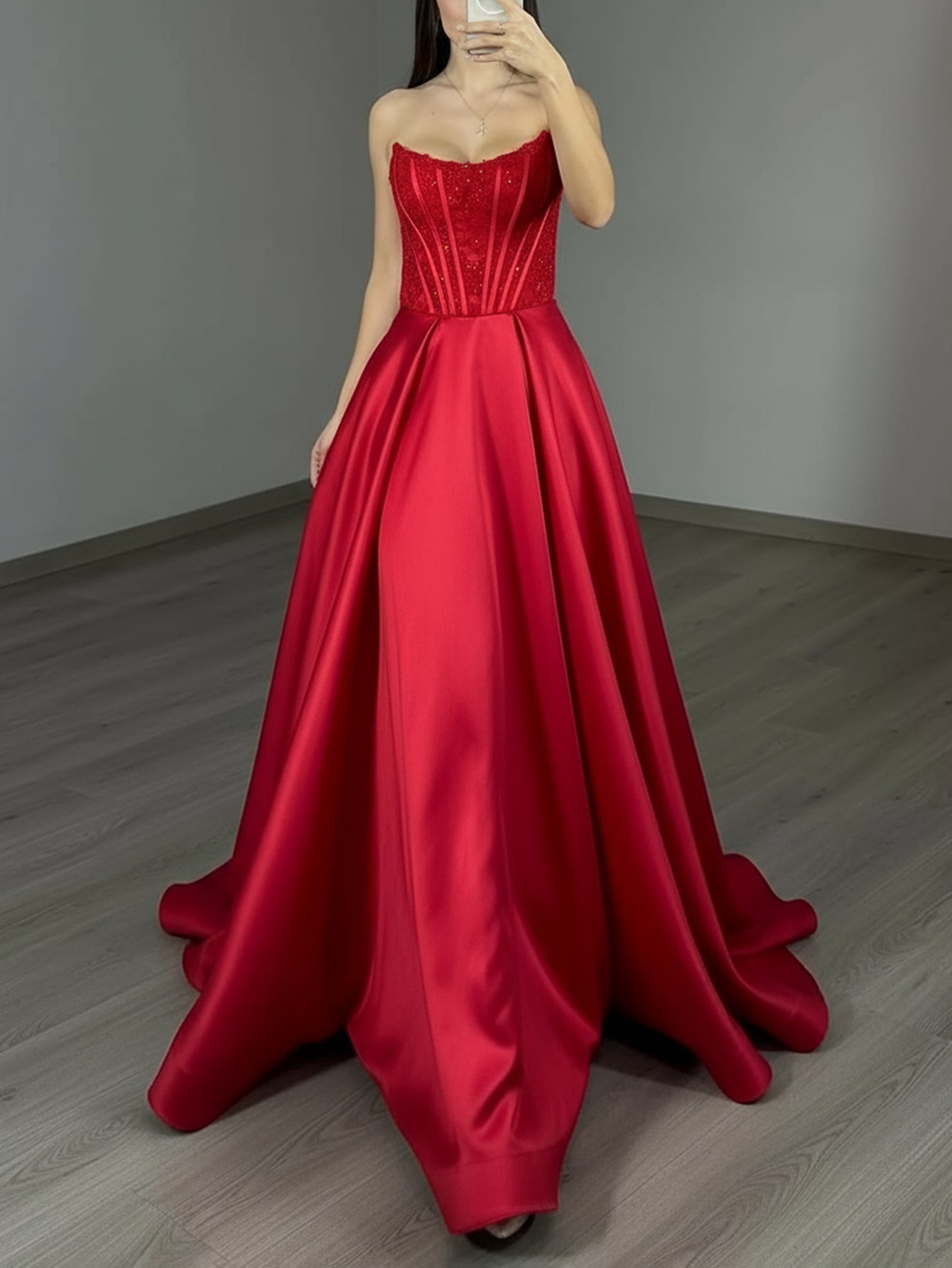Embroidery Strapless Hand Beading Bodice Ball Gown Prom Dress - Red