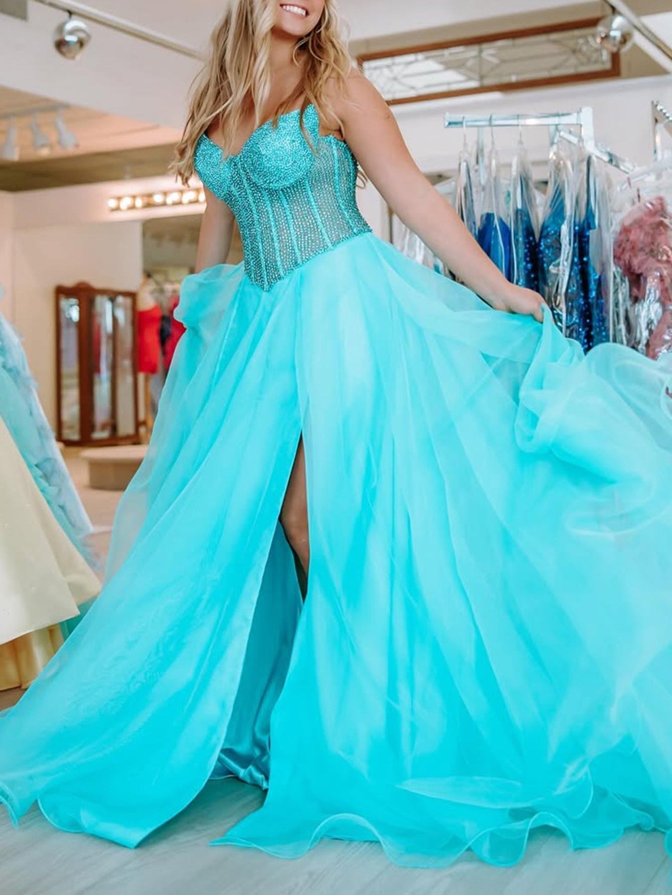 Strapless Hand Beading Bodice Ball Gown Prom Dress With Slit - Blue