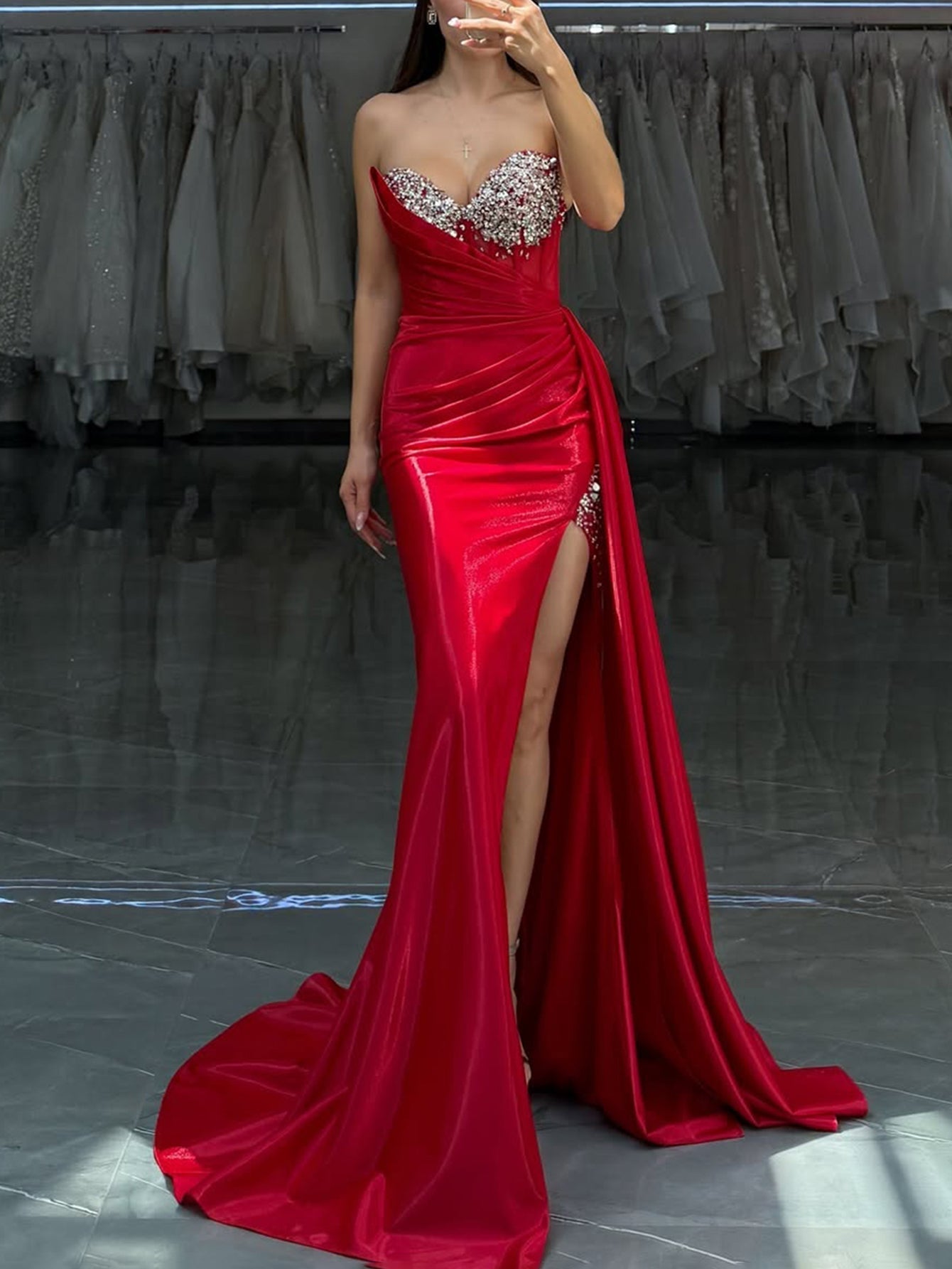 Strapless Lace Up Beading Bodice Ruched Mermaid Prom Dress With Drop - Red