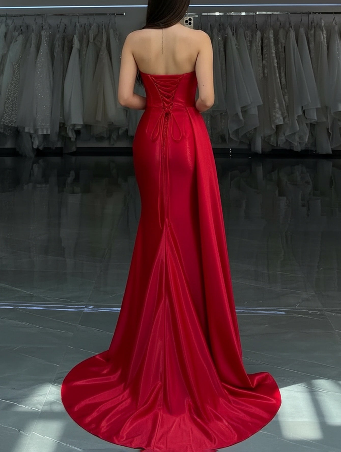 Strapless Lace Up Beading Bodice Ruched Mermaid Prom Dress With Drop - Red