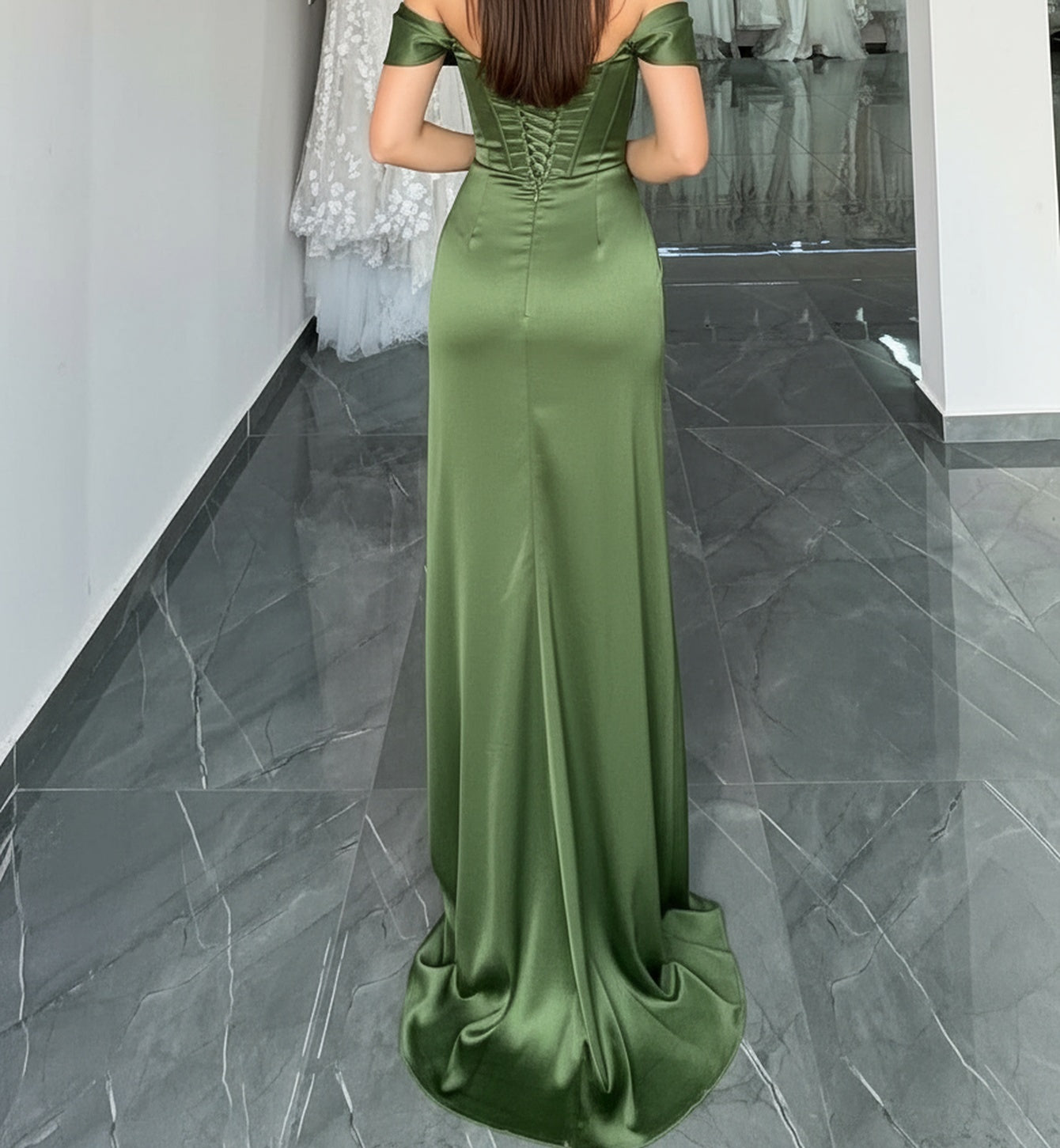 Lace Up Bodice Ruched Mermaid Prom Dress With Detachable Sleeves - Green