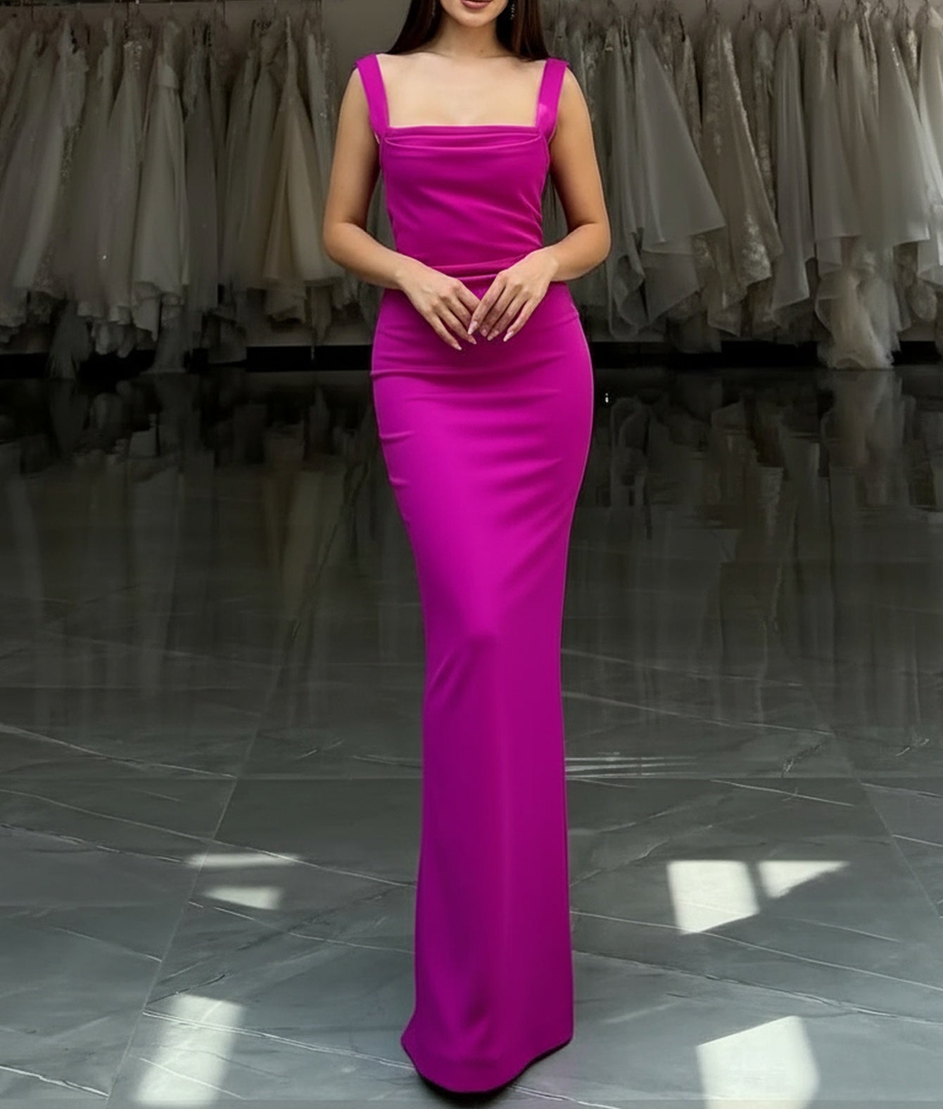 Tank Square Neck Ruched Bodice Mermaid Prom Dress - Hot Pink