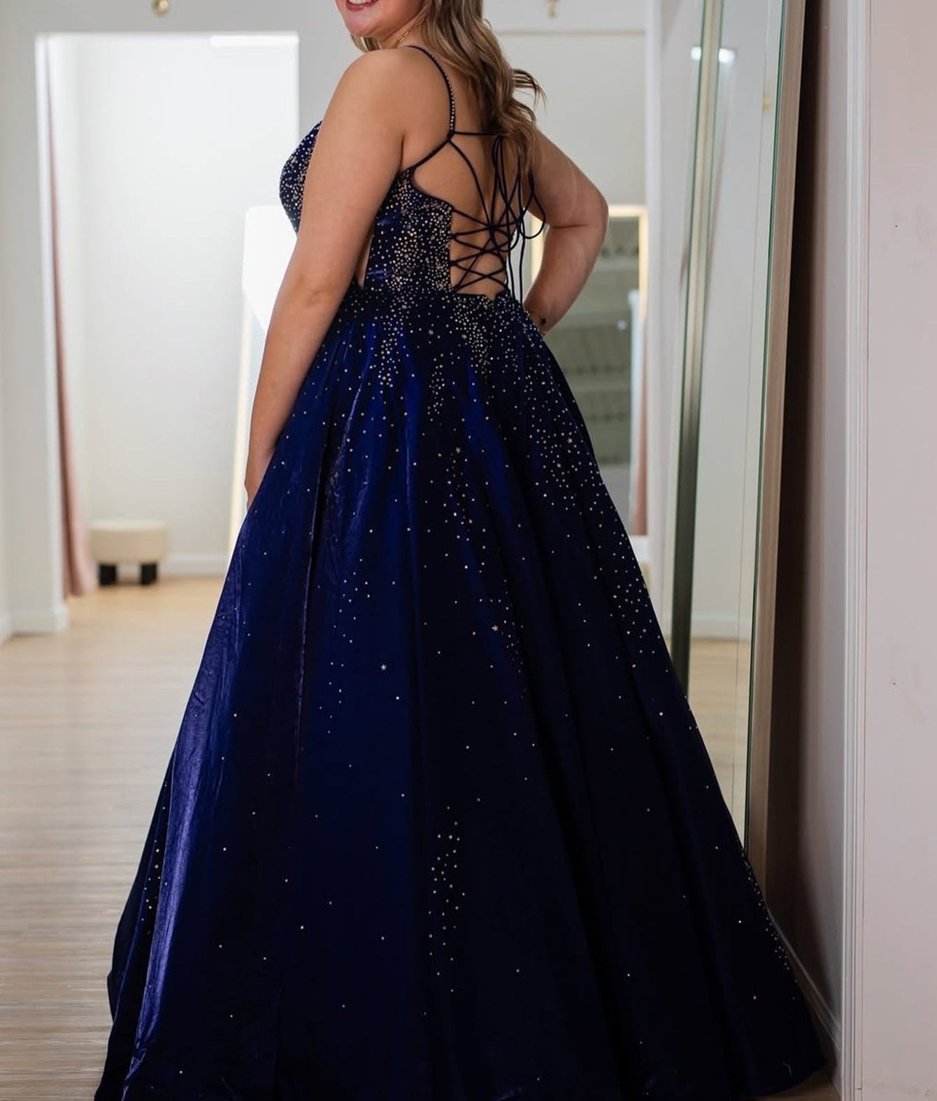 Spaghetti Strap Hot Fix Crystal Lace Up Bodice Ball Gown Prom Dress - Navy Blue