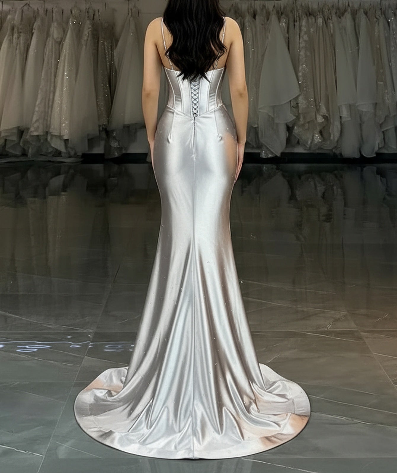 Spaghetti Strap Hand Beading Ruched Bodice Mermaid Prom Dress - Silver