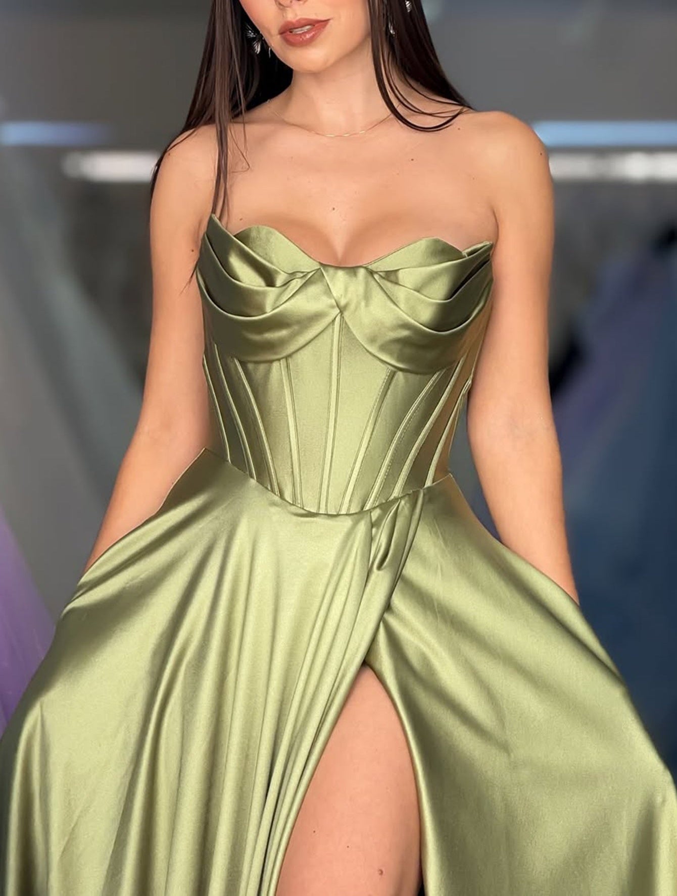 Strapless Bodice Split Prom Dress With Pocket - Sage Green