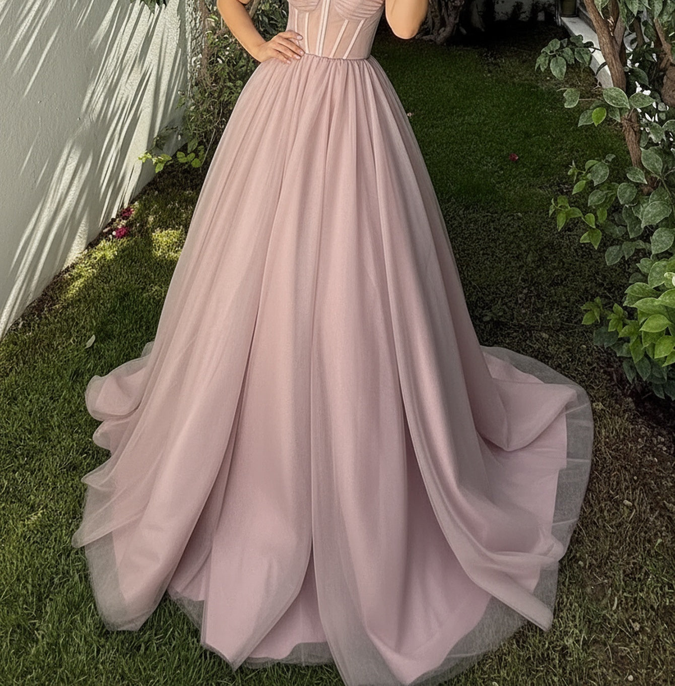Strapless Lace Up Ruched Illusion Bodice Ball Gown Prom Dress - Dusty Rose
