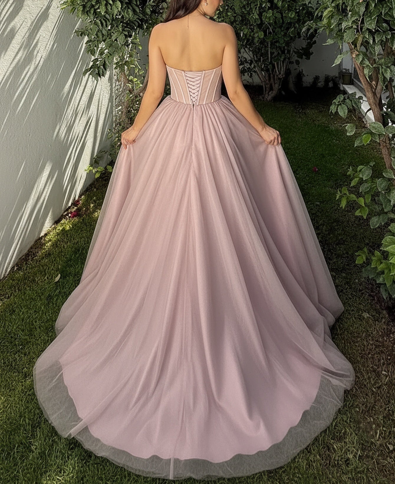 Strapless Lace Up Ruched Illusion Bodice Ball Gown Prom Dress - Dusty Rose