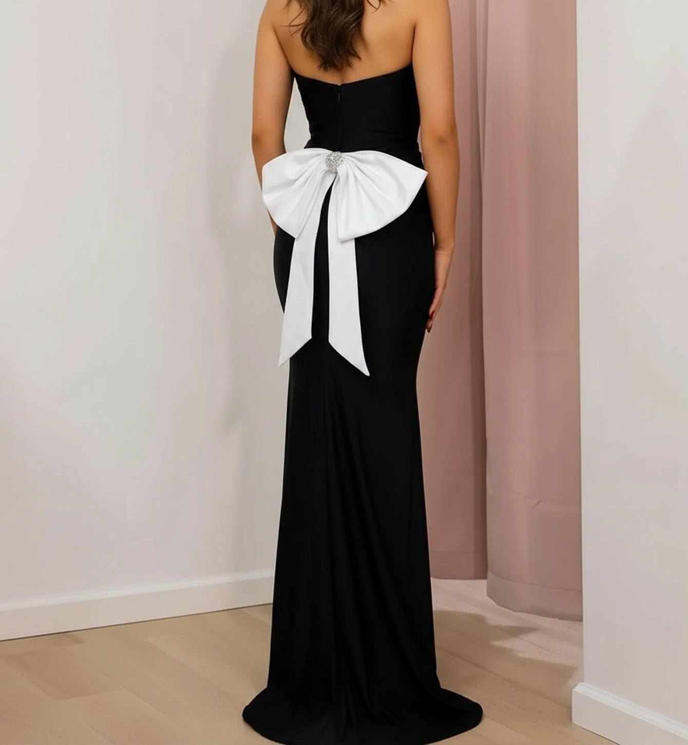 Strapless Pleated Removable Big Bow Bodice Mermaid Prom Dress With Slit - Black