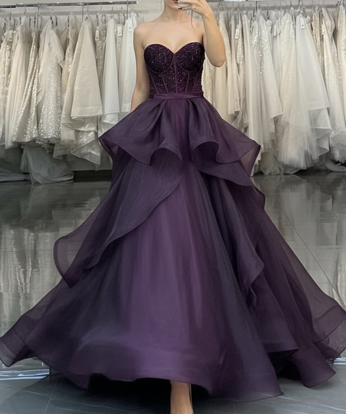 Strapless Beading Lace Up Layered Bodice Ball Gown Prom Dress - Purple