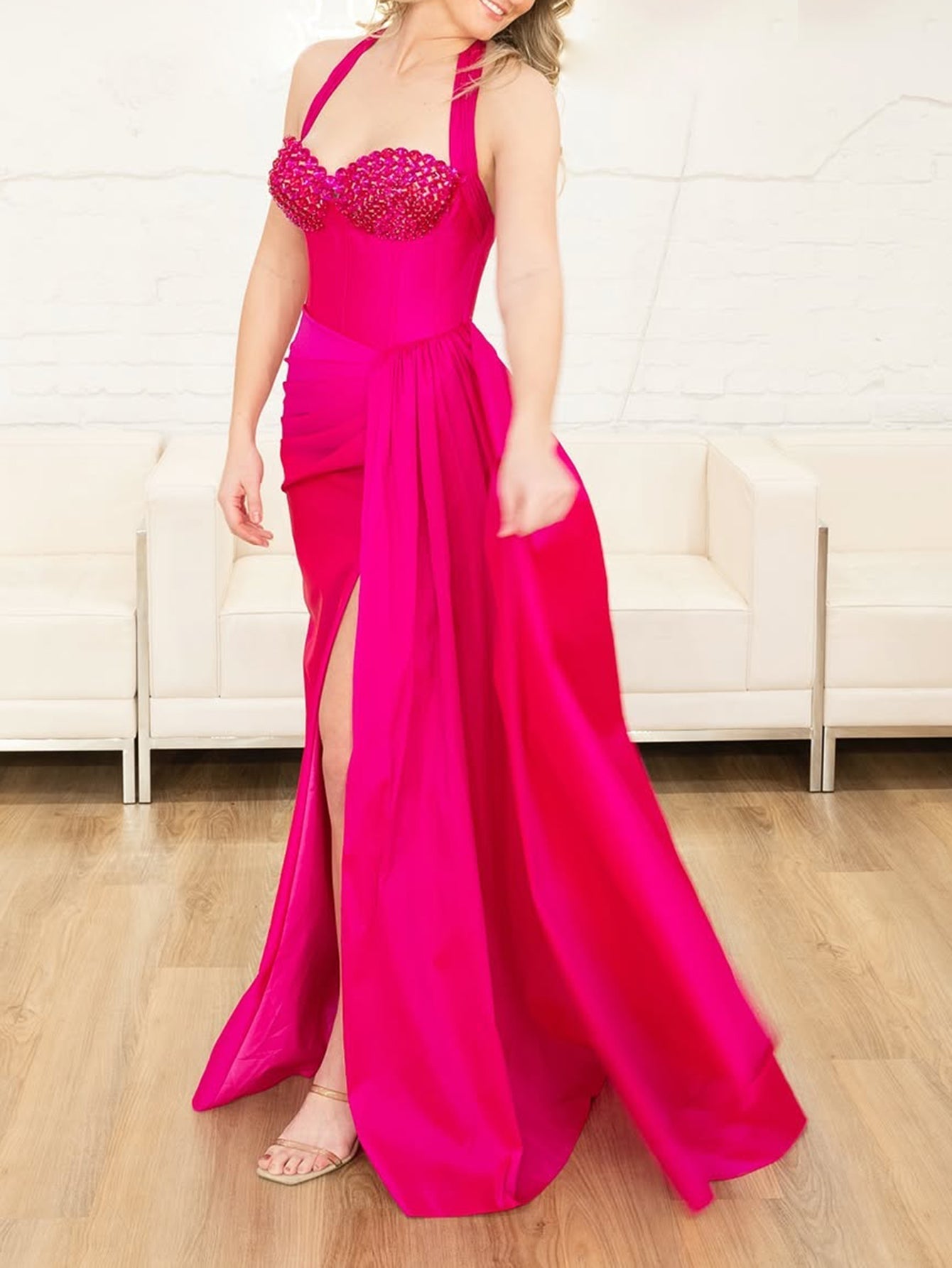 Sparkly Halter Beading Ruched Bodice Mermaid Prom Dress With Drop - Hot Pink