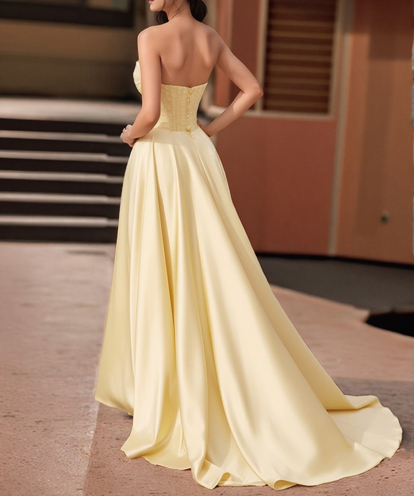Strapless Beading Illusion Ruched Bodice Mermaid Prom Dress - Yellow