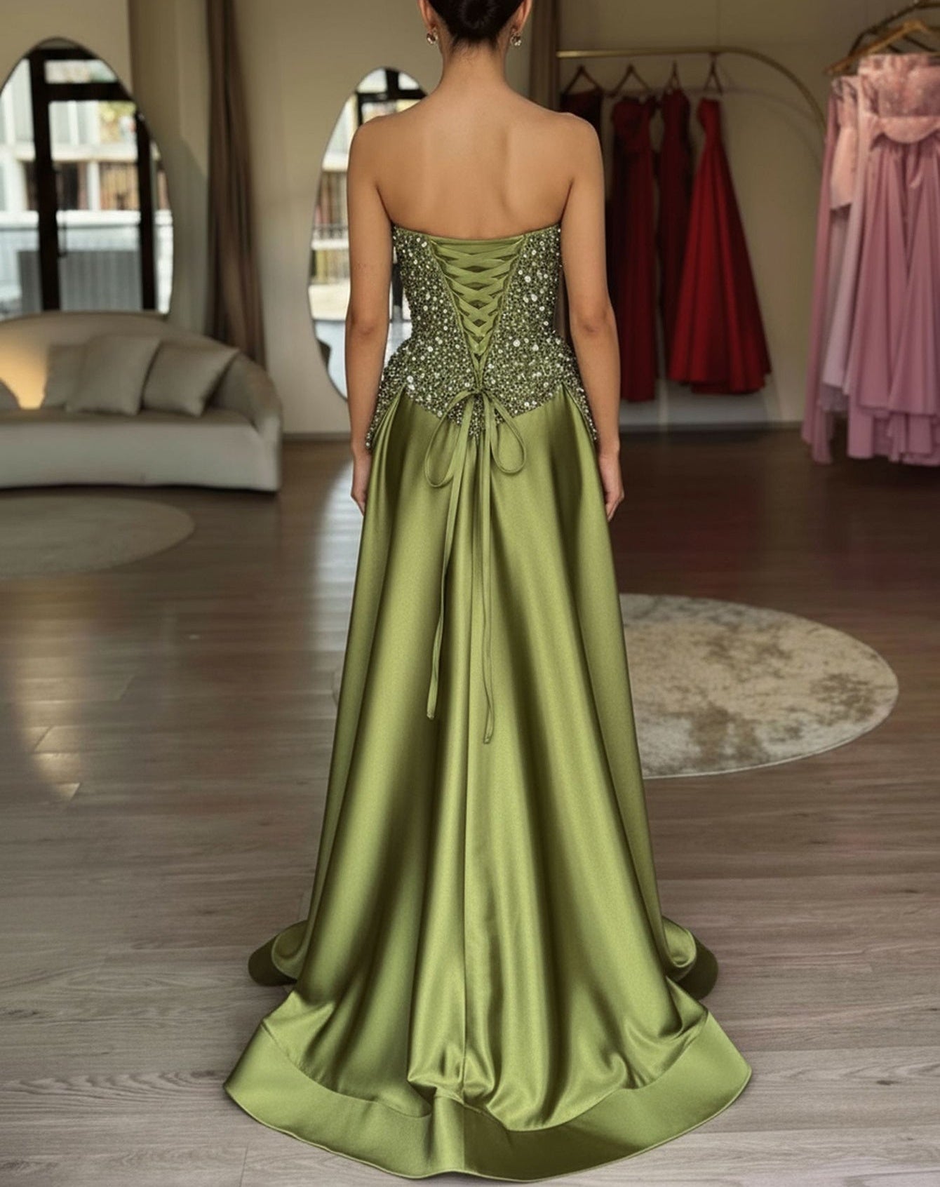 Luxury Two-Piece Sequin Top Satin Skirt Long Prom Dress - Olive Green