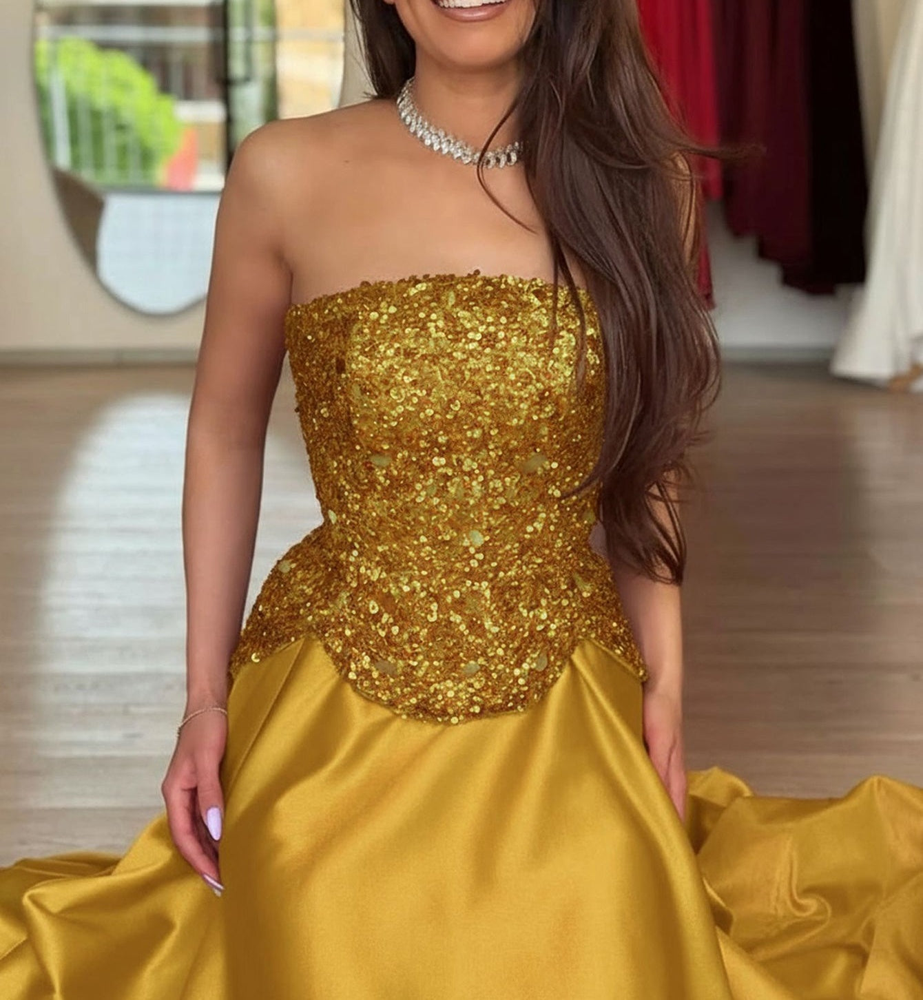 Crystal Two Pieces A-Line Strapless Long Prom Dress - Gold