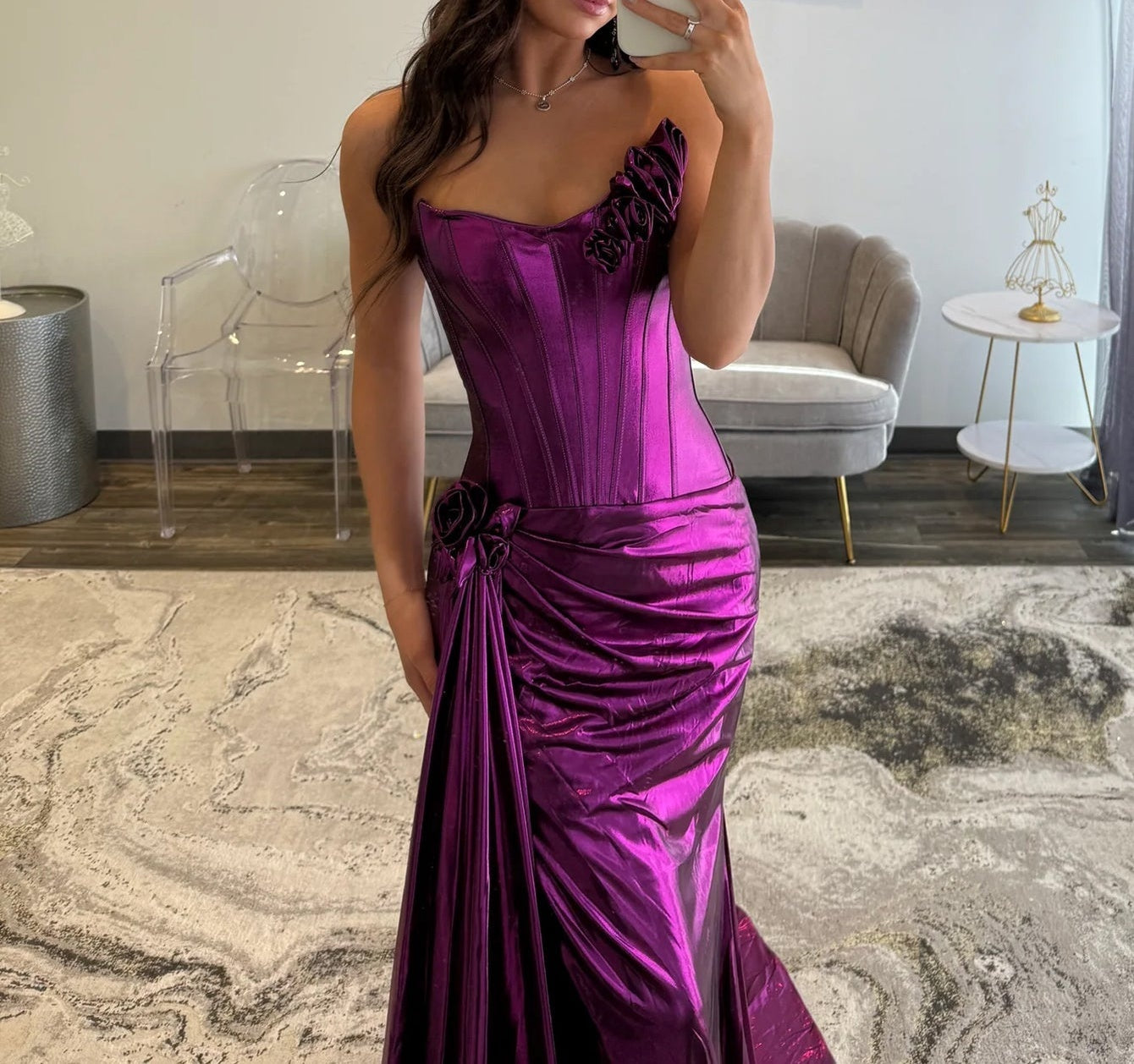 Hand Made Flowers Boned Strapless Mermaid Prom Dress With Drop - Purple