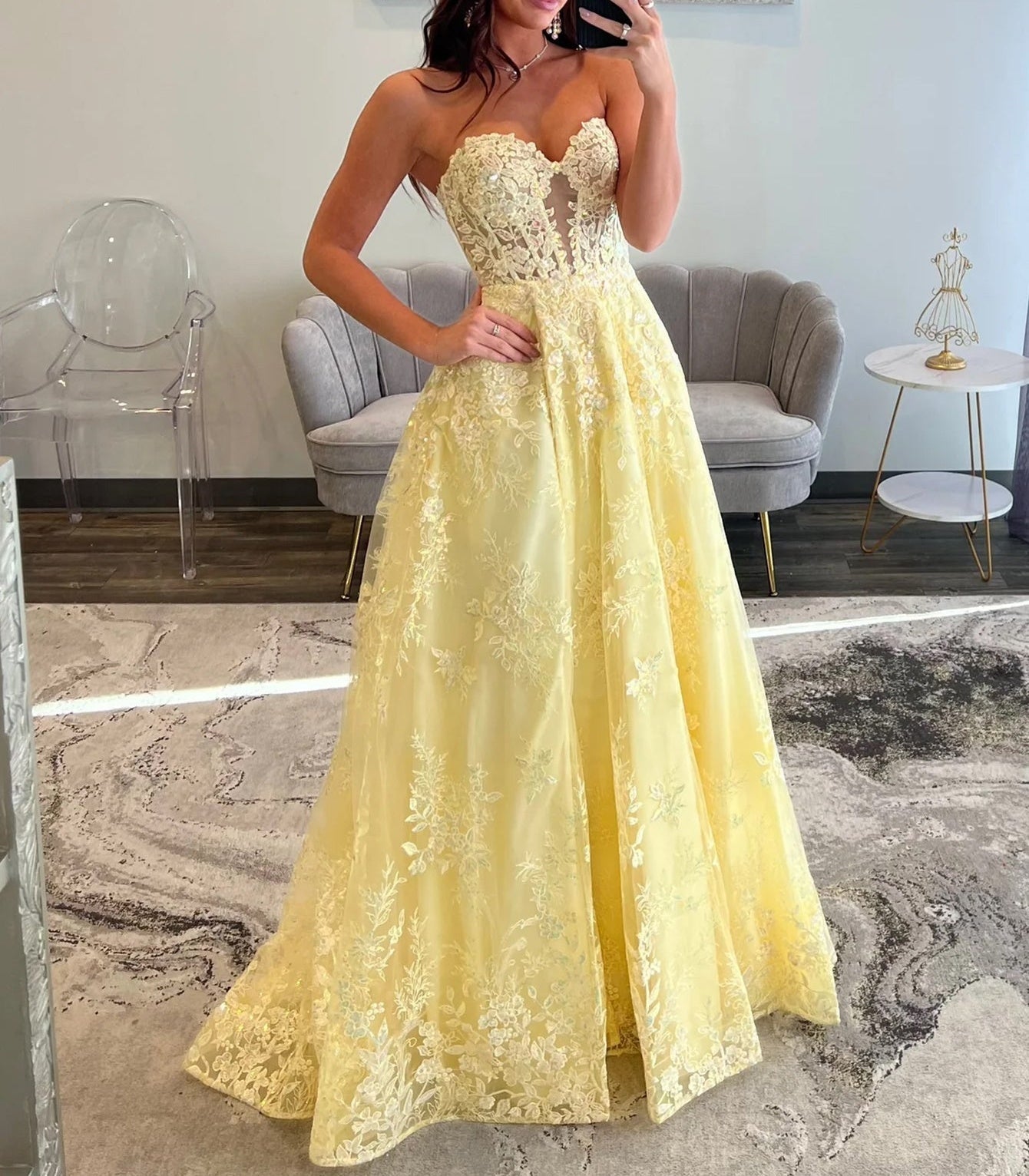 Lace Embroidery Cut Out Ball Gown Prom Dress With Pocket - Yellow