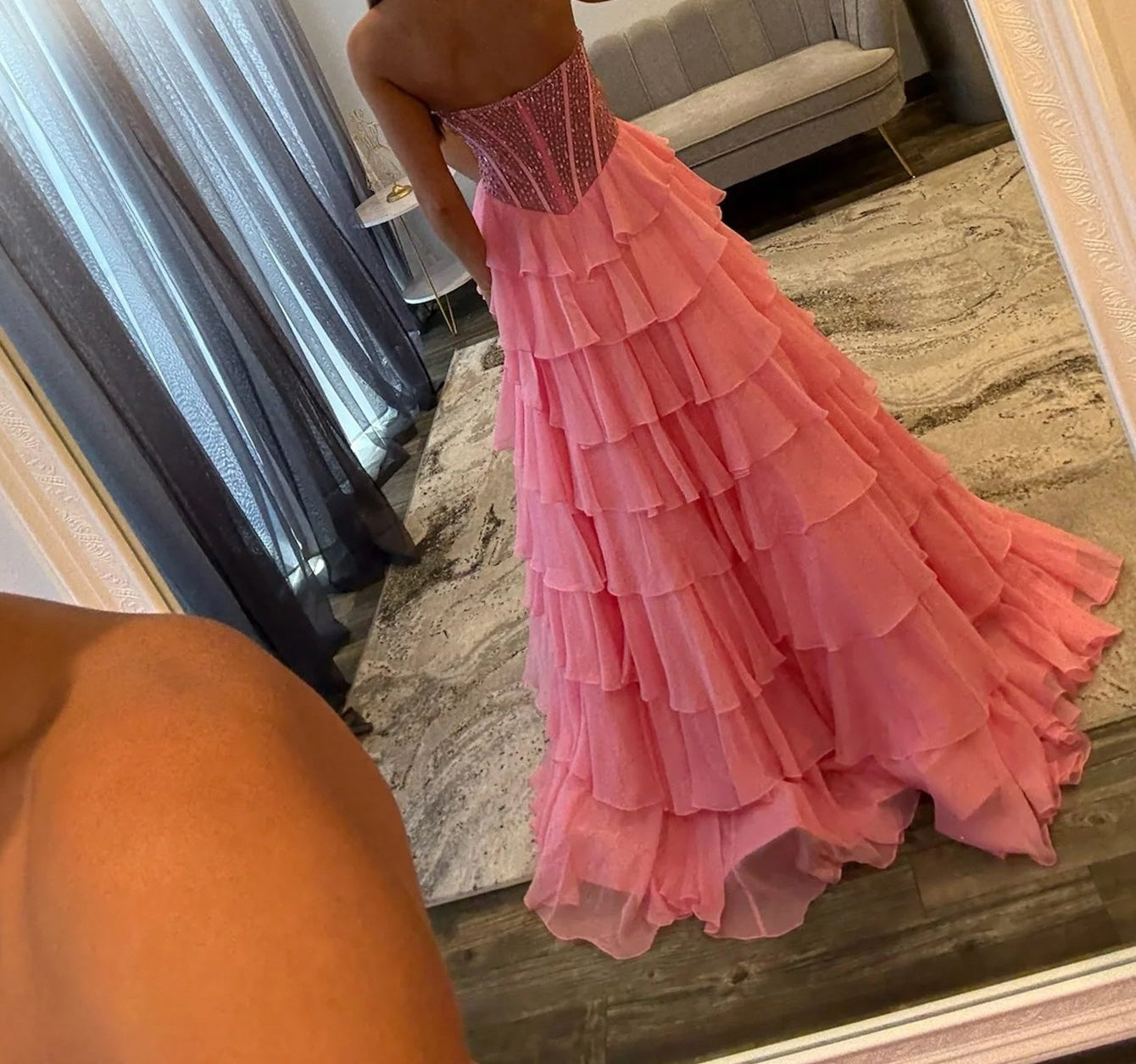 Ruffled Layered Sequin Corset Long Prom Dress - Pink