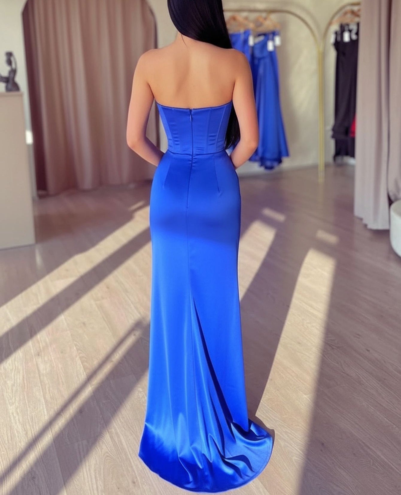 Crystal Ruched Sheath Long Prom Dress With Split - Royal Blue