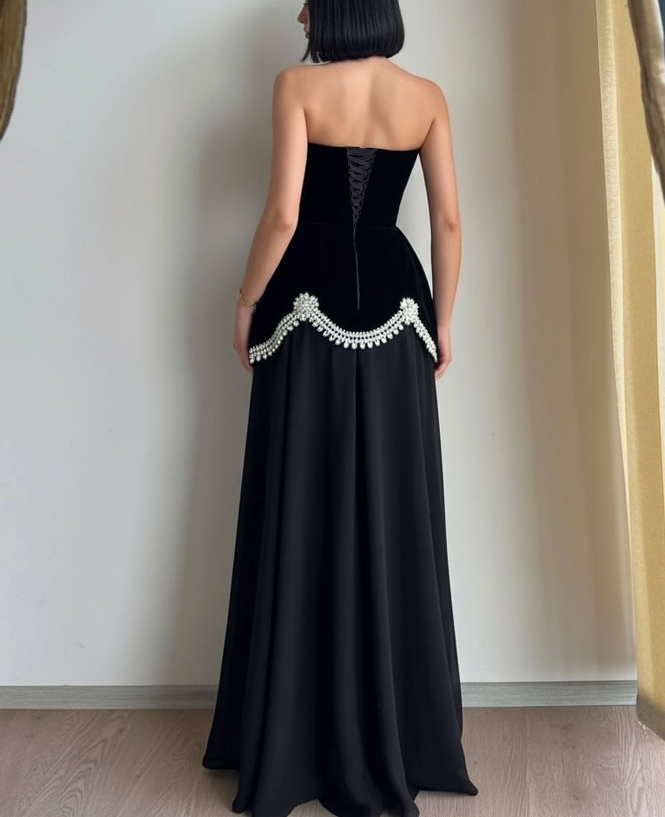 Strapless Crystal Ball Gown Prom Dress - Black