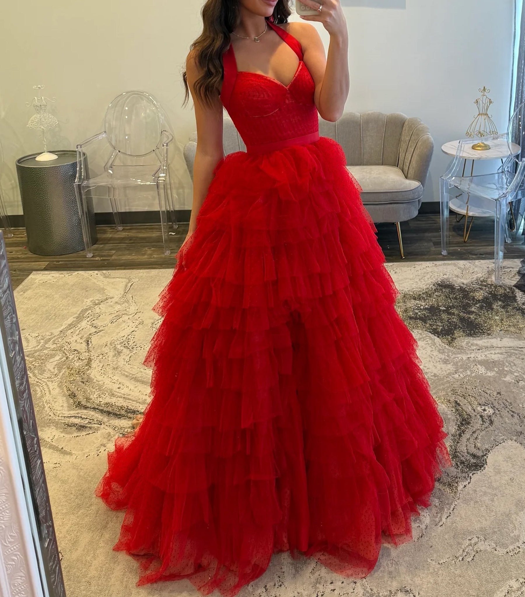 Sweetheart Red Polka Dot Ball Gown Prom Dress With Belt - Red