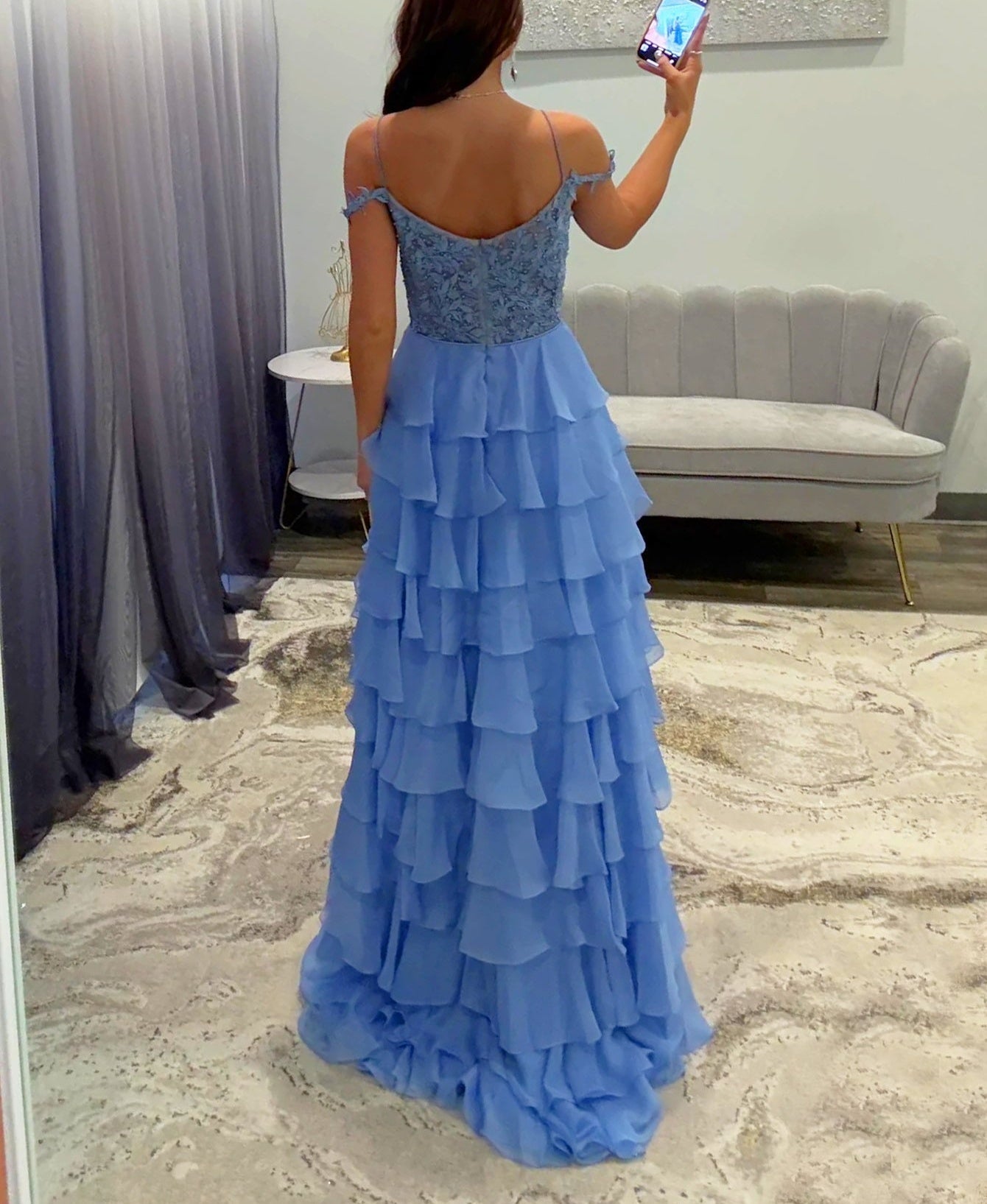Lace Illusion Ruffle Tiered Ball Gown Prom Dress - Blue