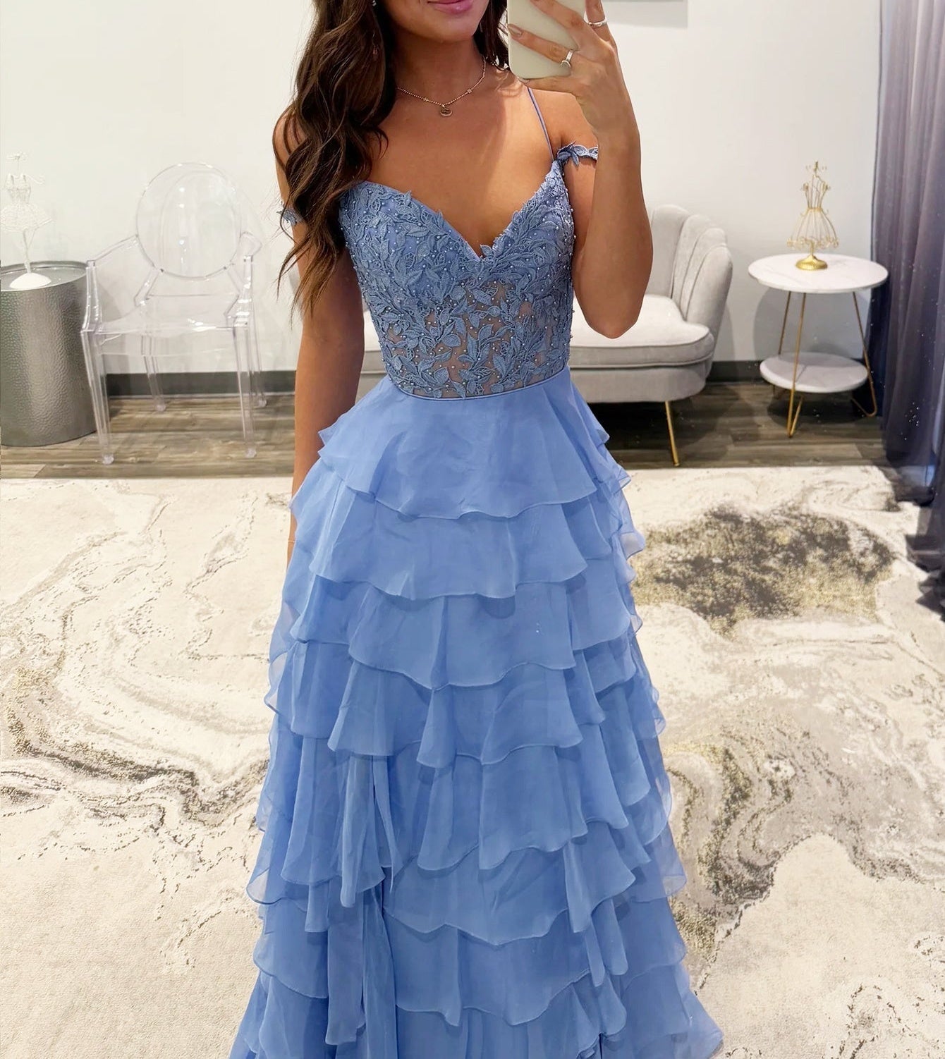 Lace Illusion Ruffle Tiered Ball Gown Prom Dress - Blue