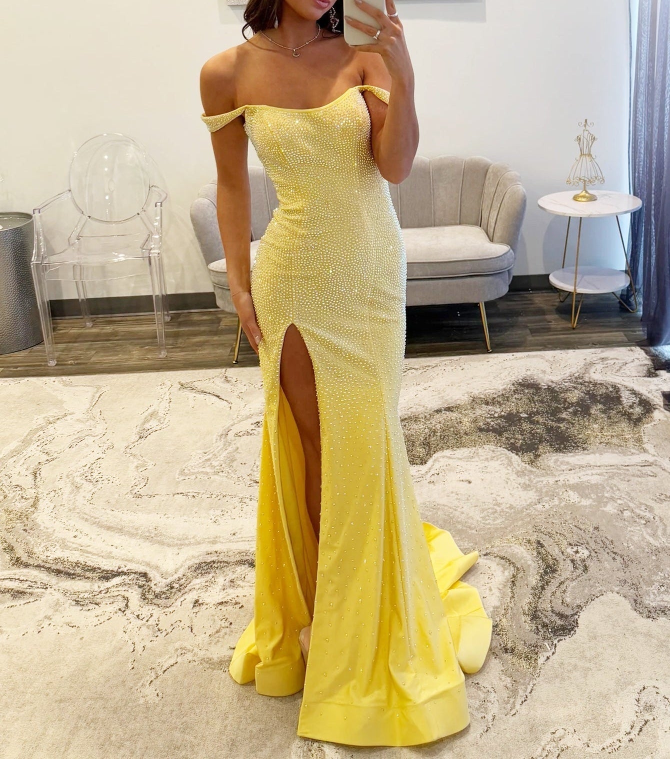 Luxury Crystal Off Shoulder Mermaid Prom Dress - Yellow