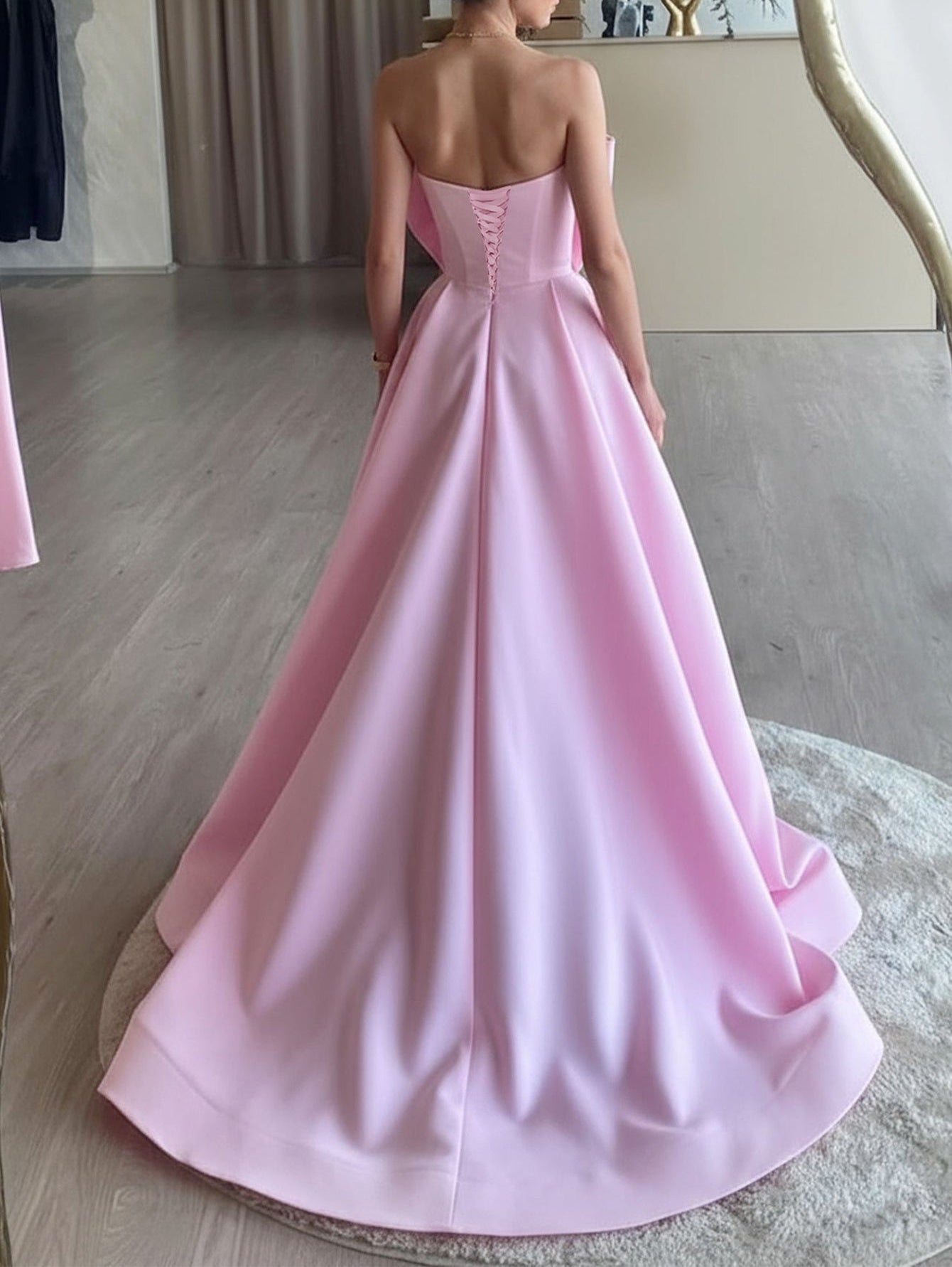 Big Bow Strapless Ball Gown Prom Dress - Pink