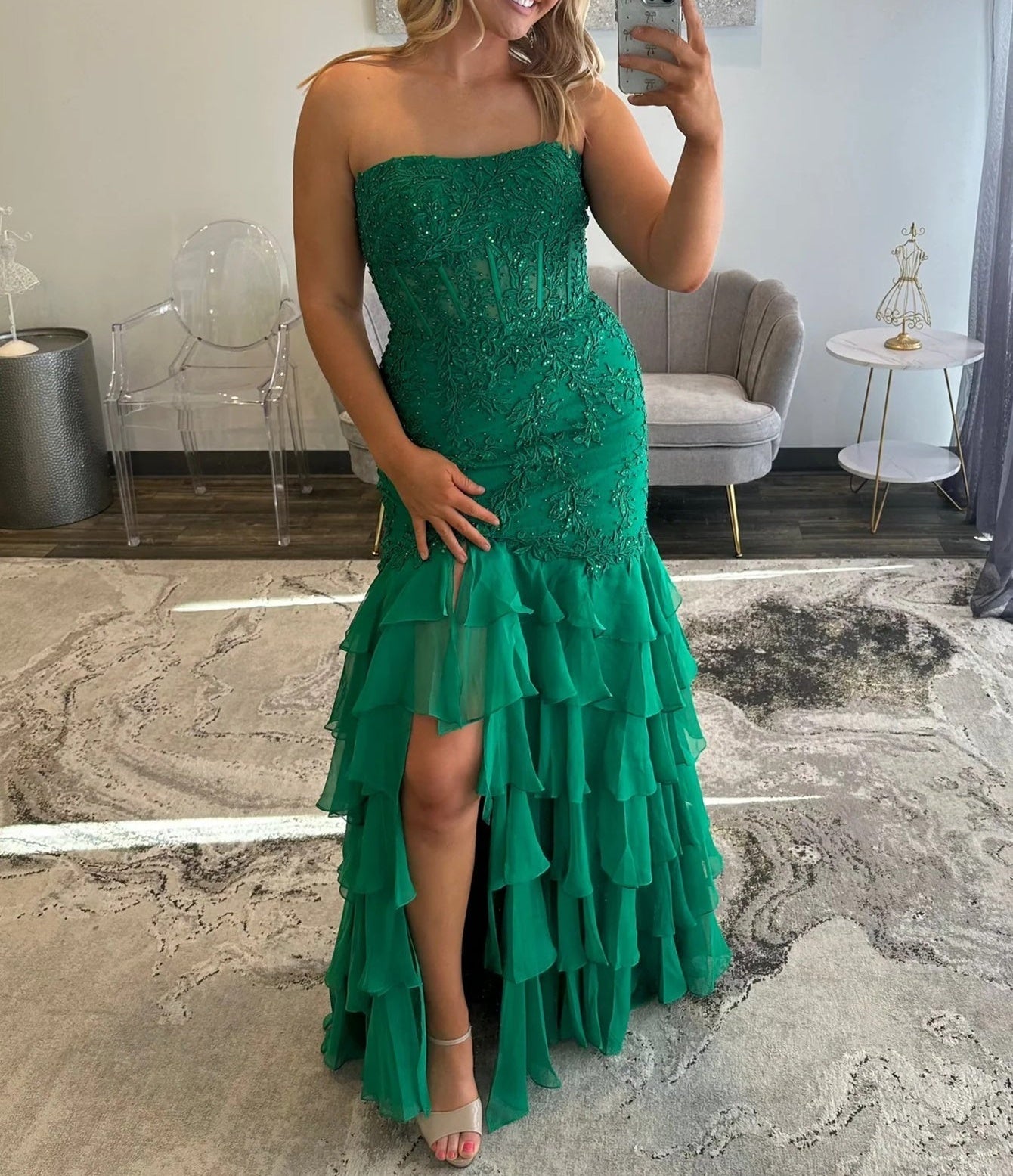 Lace Illusion Ruffle Mermaid Prom Dress - Green