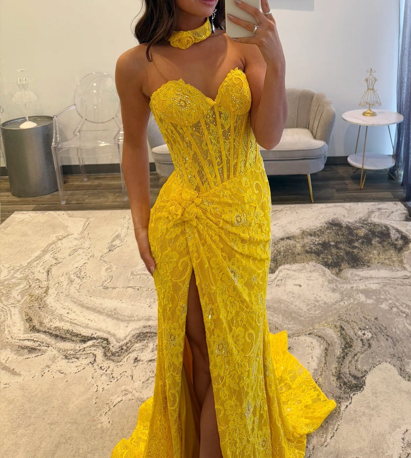 Hand Made Flower Lace Mermaid Prom Dress - Yellow