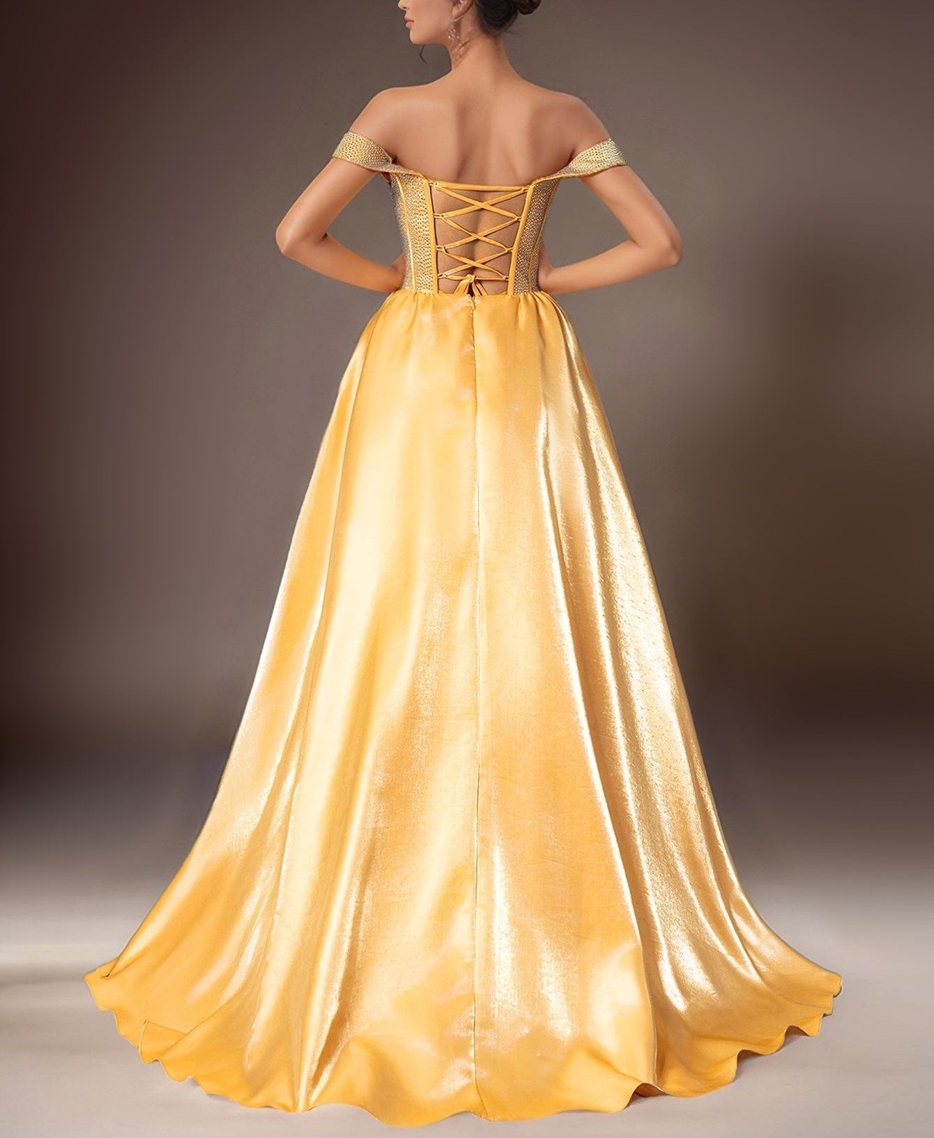 Off Shoulder Crystal Boned Ball Gown Prom Dress - Yellow